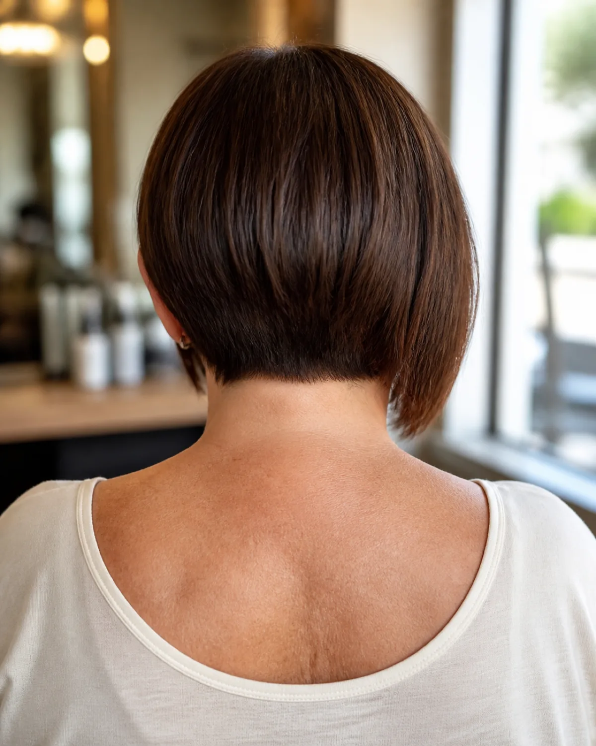 A woman over 50 with a fuller build shot from directly behind, dark brown A-line bob shorter at the nape and angling down to longer at the front, ivory scoop-back top, blurred salon interior