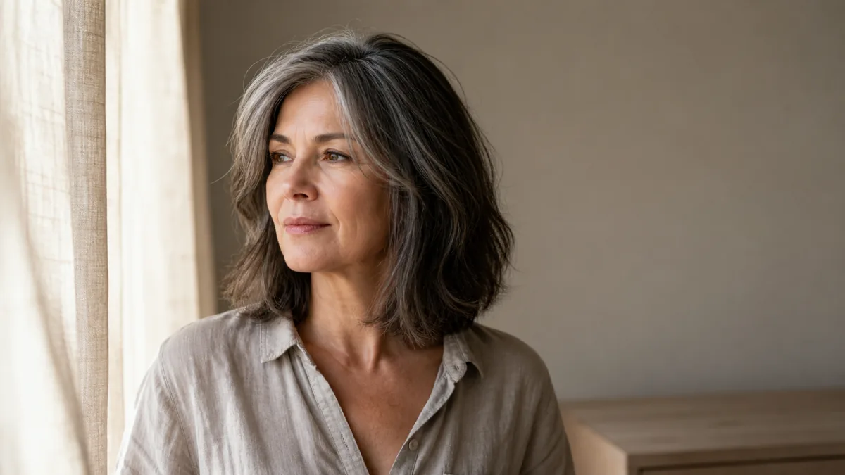 A mature woman with silver-streaked dark shoulder-length hair in a three-quarter turn by a window, loosely styled in an intentional undone look