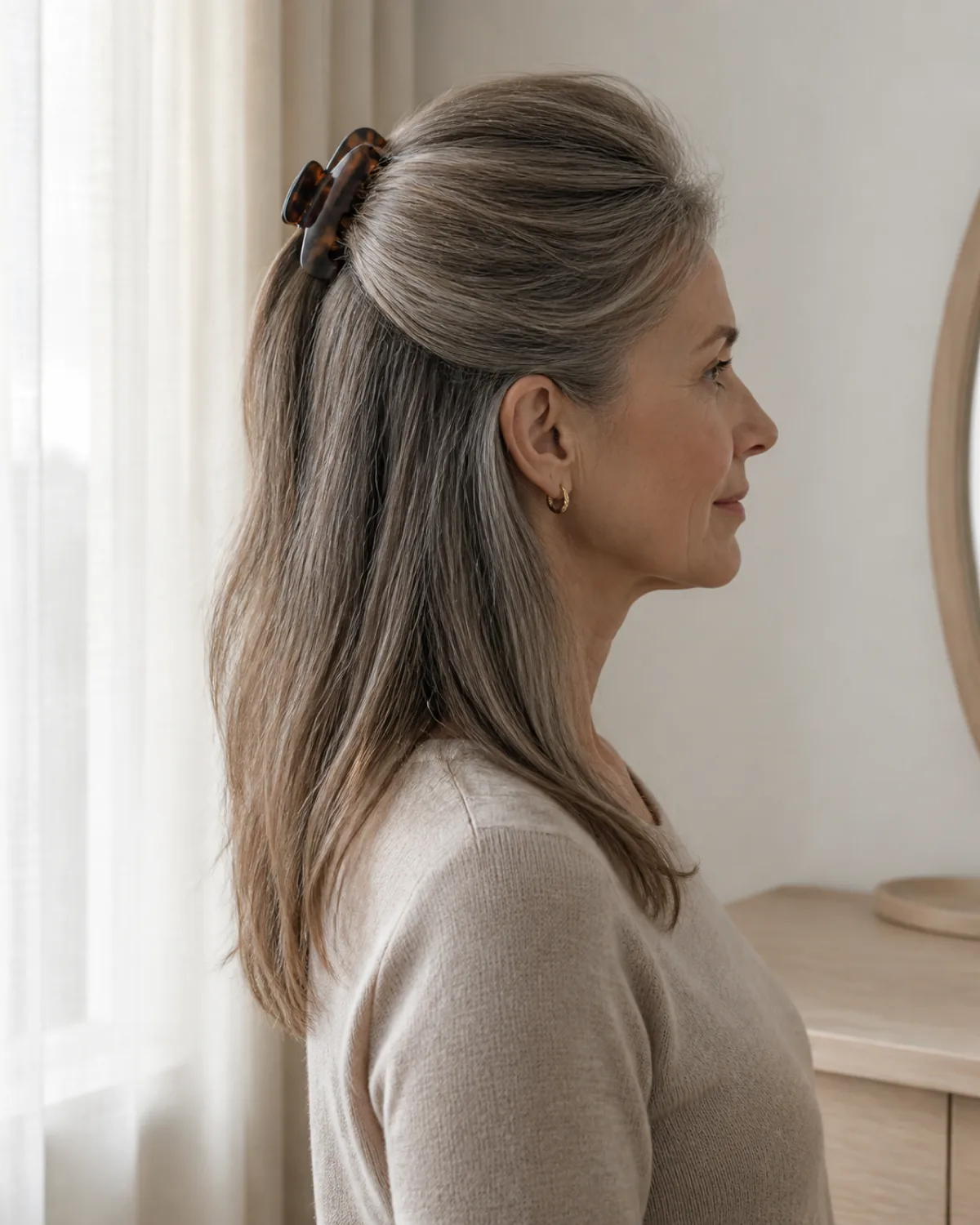 Side profile of a mature woman with ash-brown hair streaked with gray, the top section lifted and held by a tortoiseshell claw clip at the crown, remaining hair falling past the shoulders