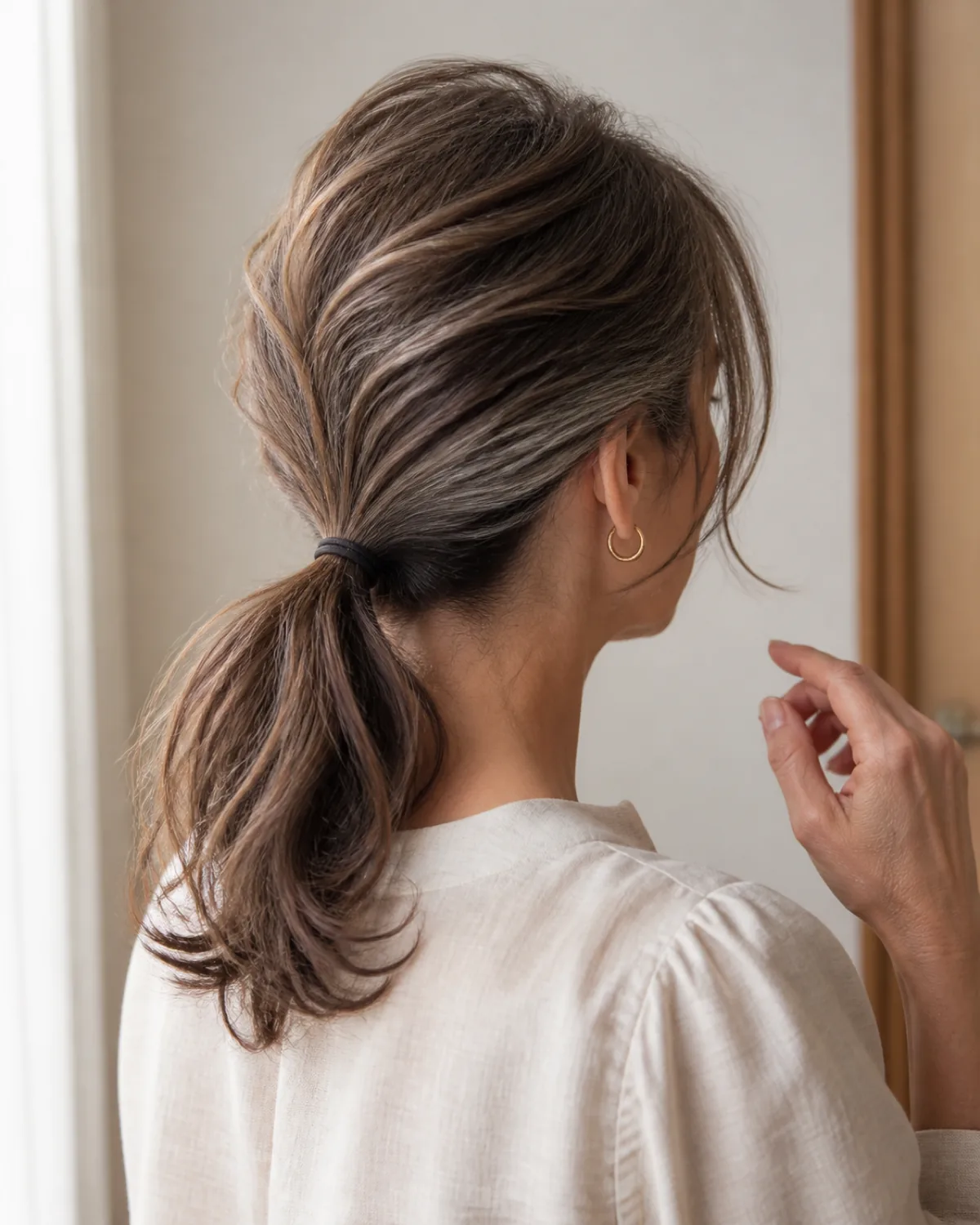Back three-quarter view of a mature woman with medium-brown hair and silver roots in a loose low ponytail, crown area gently lifted above the elastic