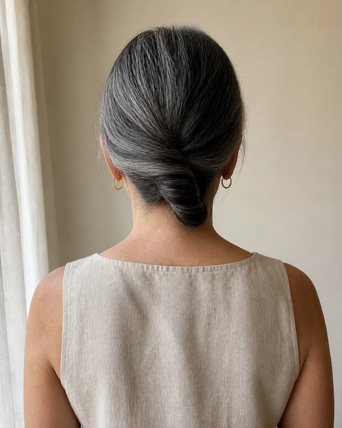 Back view of a mature woman with thick dark hair streaked with silver gathered in a low twist at the nape, held by its own weight without pins