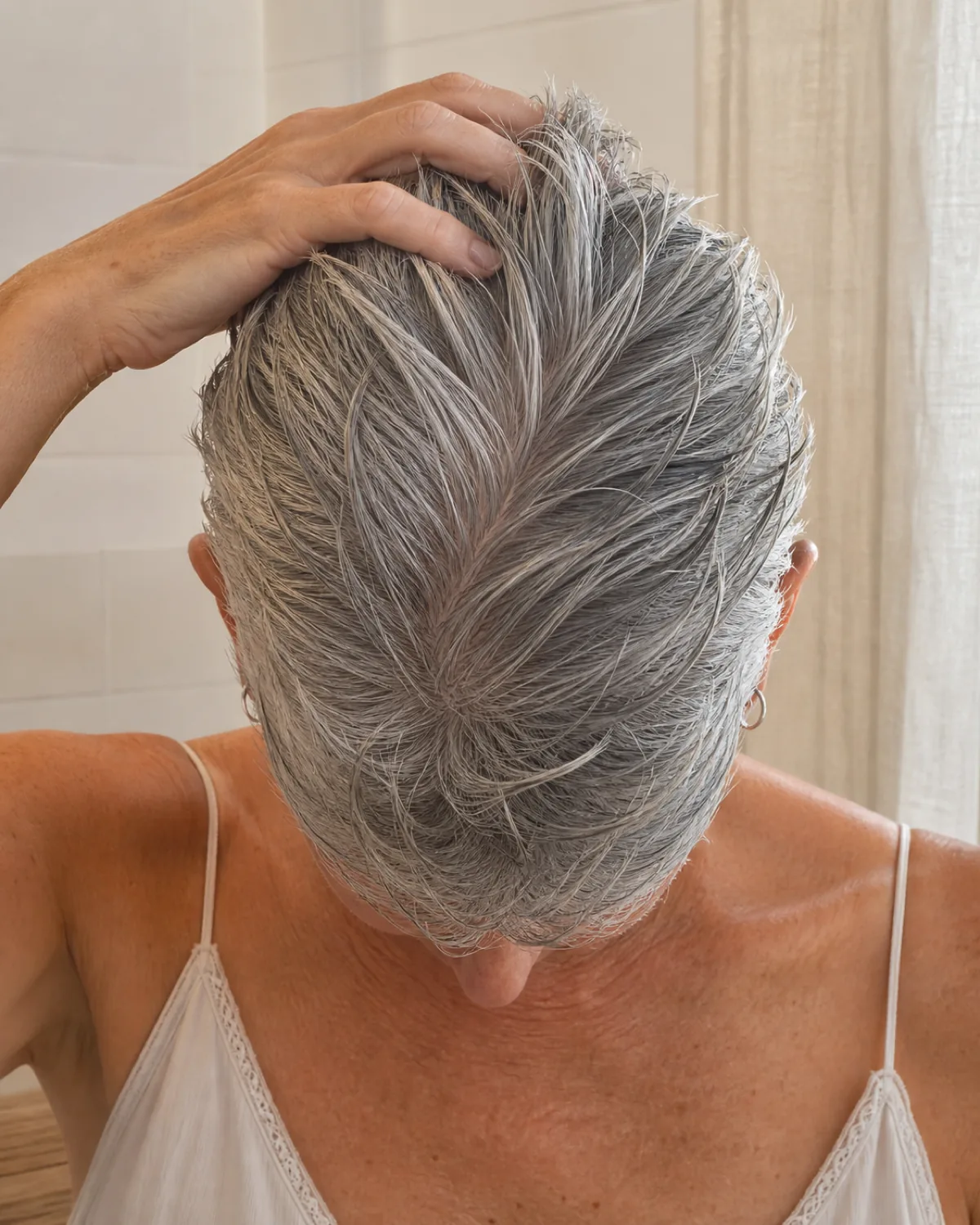 Crown view of a mature woman with a damp silver pixie cut, one hand directing the short hair up and back from the forehead, visible finger tracks through the short strands
