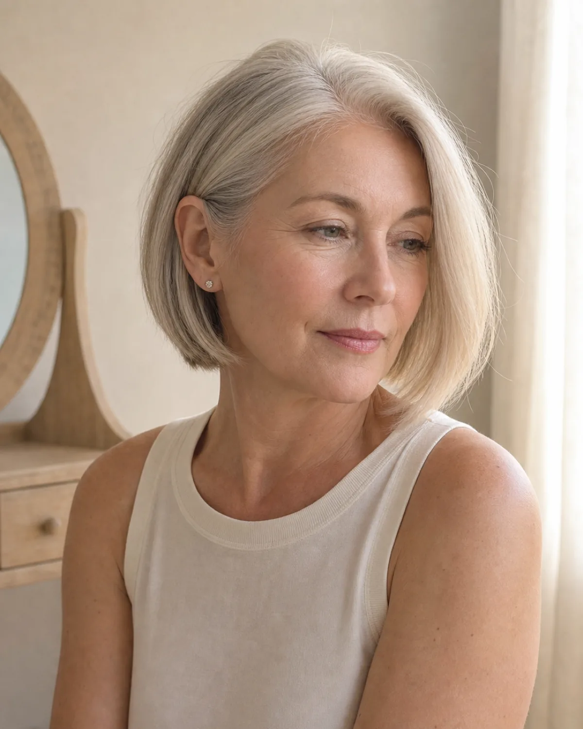Three-quarter view of a mature woman with silver-blonde chin-length hair, one side tucked behind the ear and the other side falling forward along the jaw