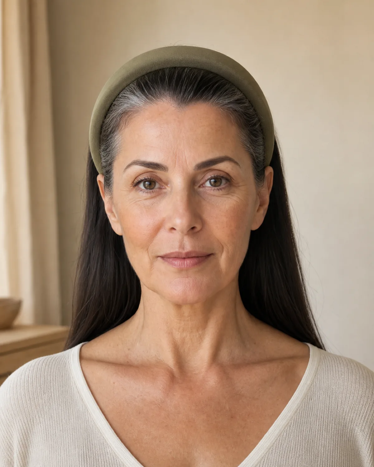 Front view of a mature woman with thick dark hair pushed back from the face and held by a wide padded olive fabric headband, strong bone structure visible