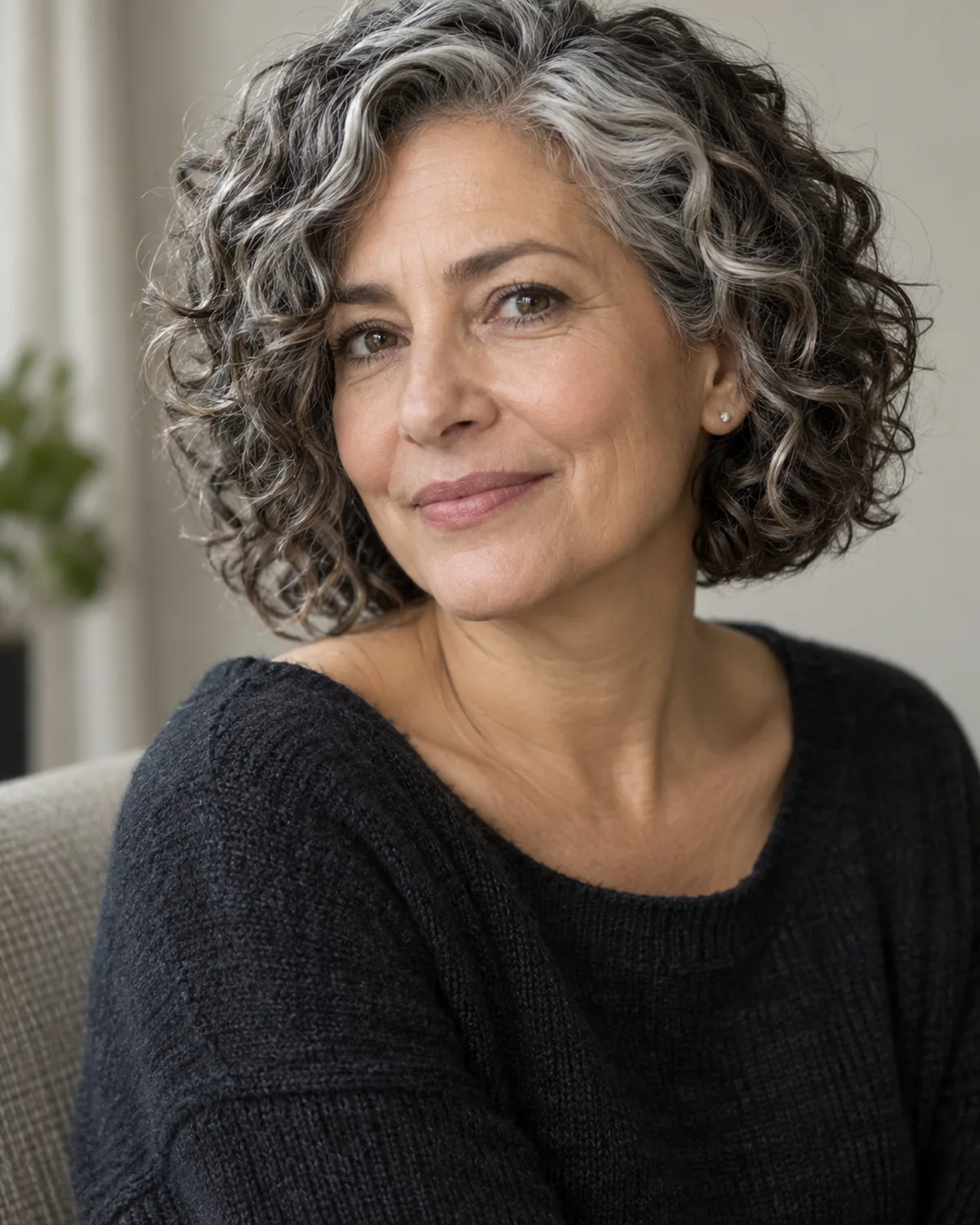 Seated three-quarter view of mature woman with chin-length curly bob, dark and silver curls interleaving along each ringlet