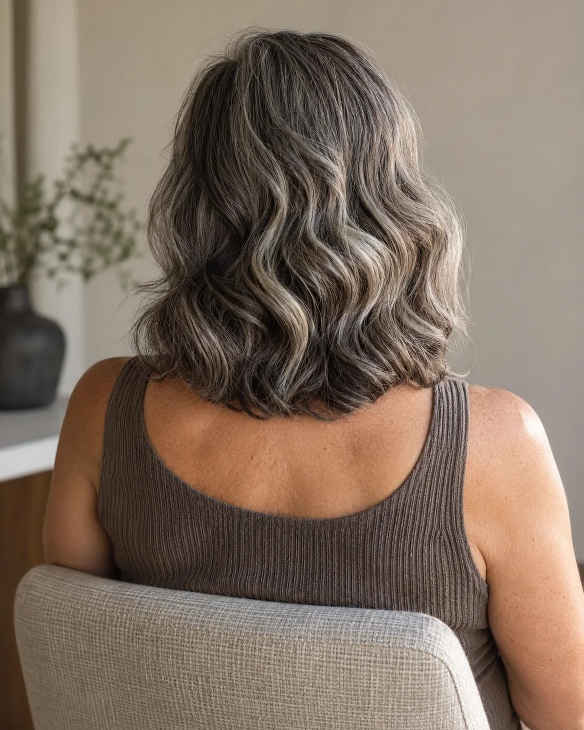 Back seated view of mature woman with collarbone-length wavy hair, alternating ribbons of silver and dark catching light
