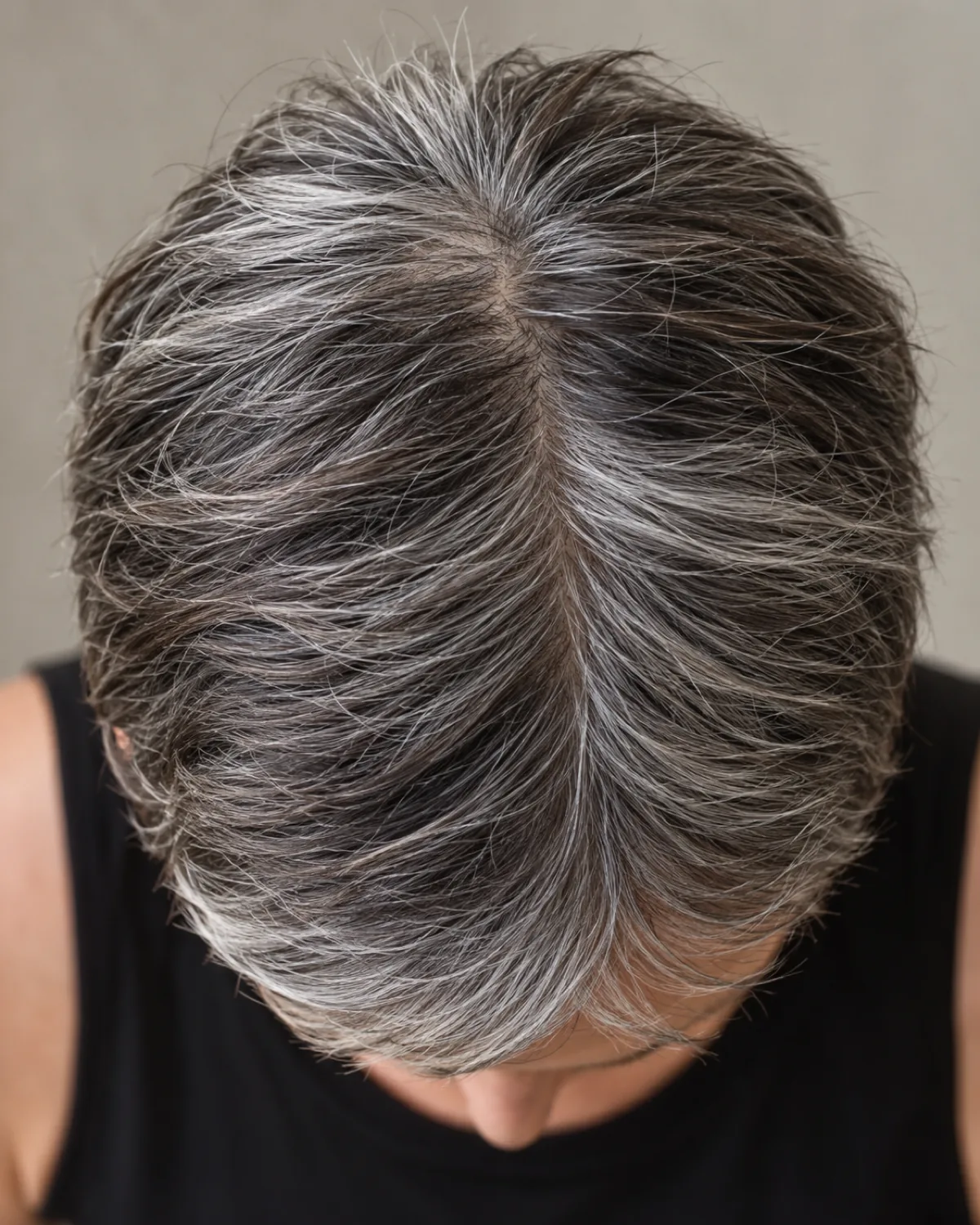 Top-down macro view of mature woman with cropped salt-and-pepper pixie, silver growth pattern visible at the part line and crown