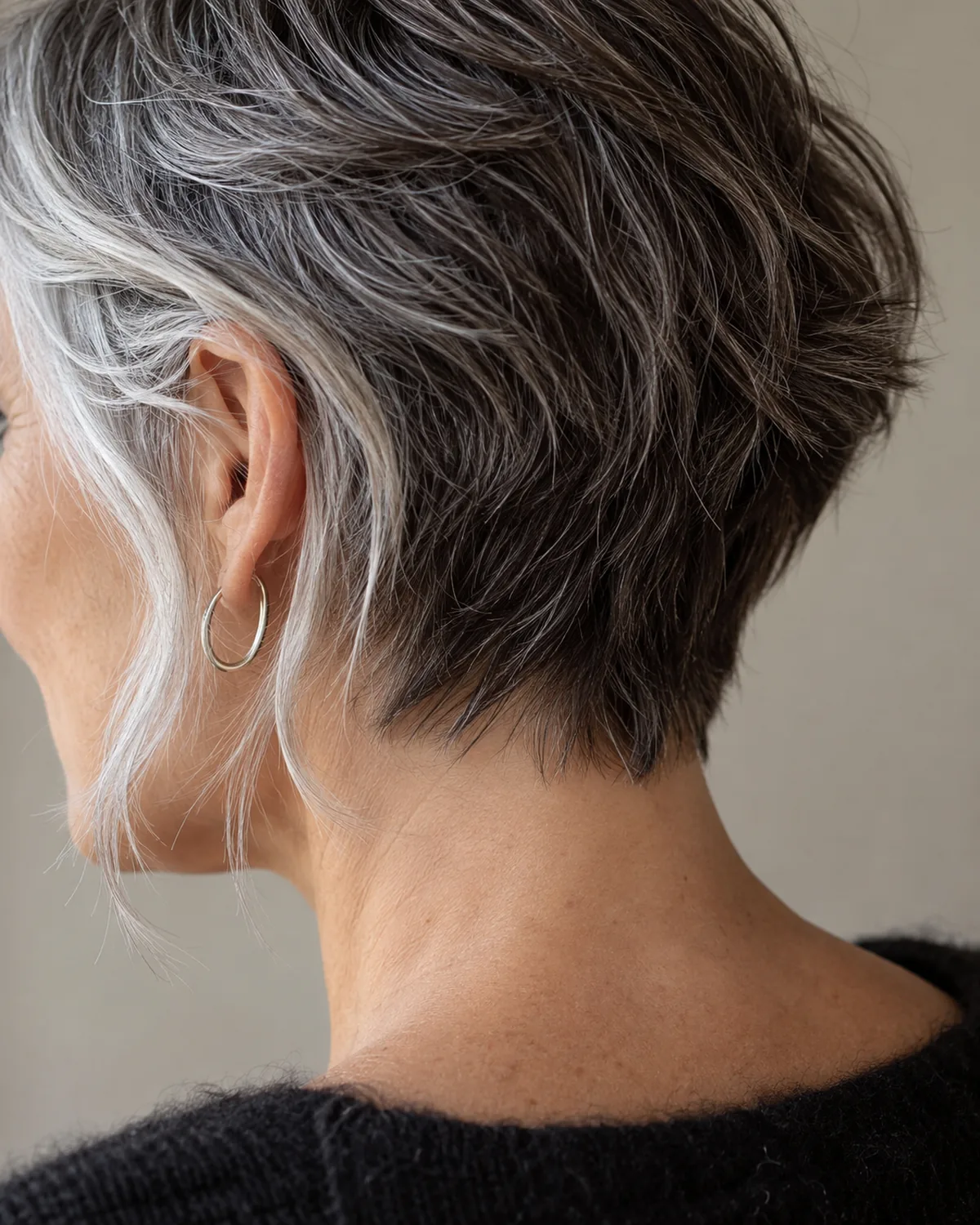 Nape close-up from the left showing short back with longer silver tendrils left at the temple, falling past the ear