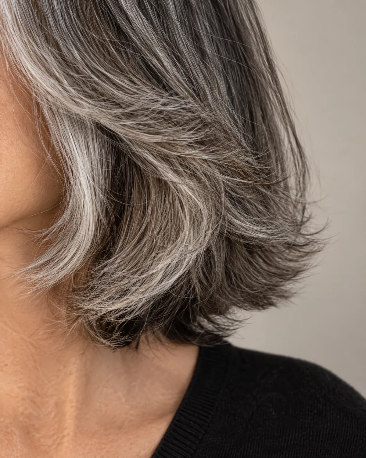 Close-up of jawline from the right showing feathered salt-and-pepper layers with soft tapered ends blending dark and silver