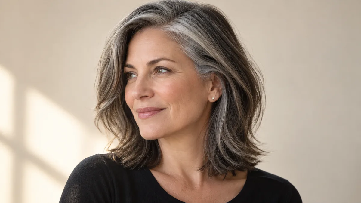 Three-quarter profile of mature woman with salt-and-pepper chin-length bob, silver temples framing face against cream background