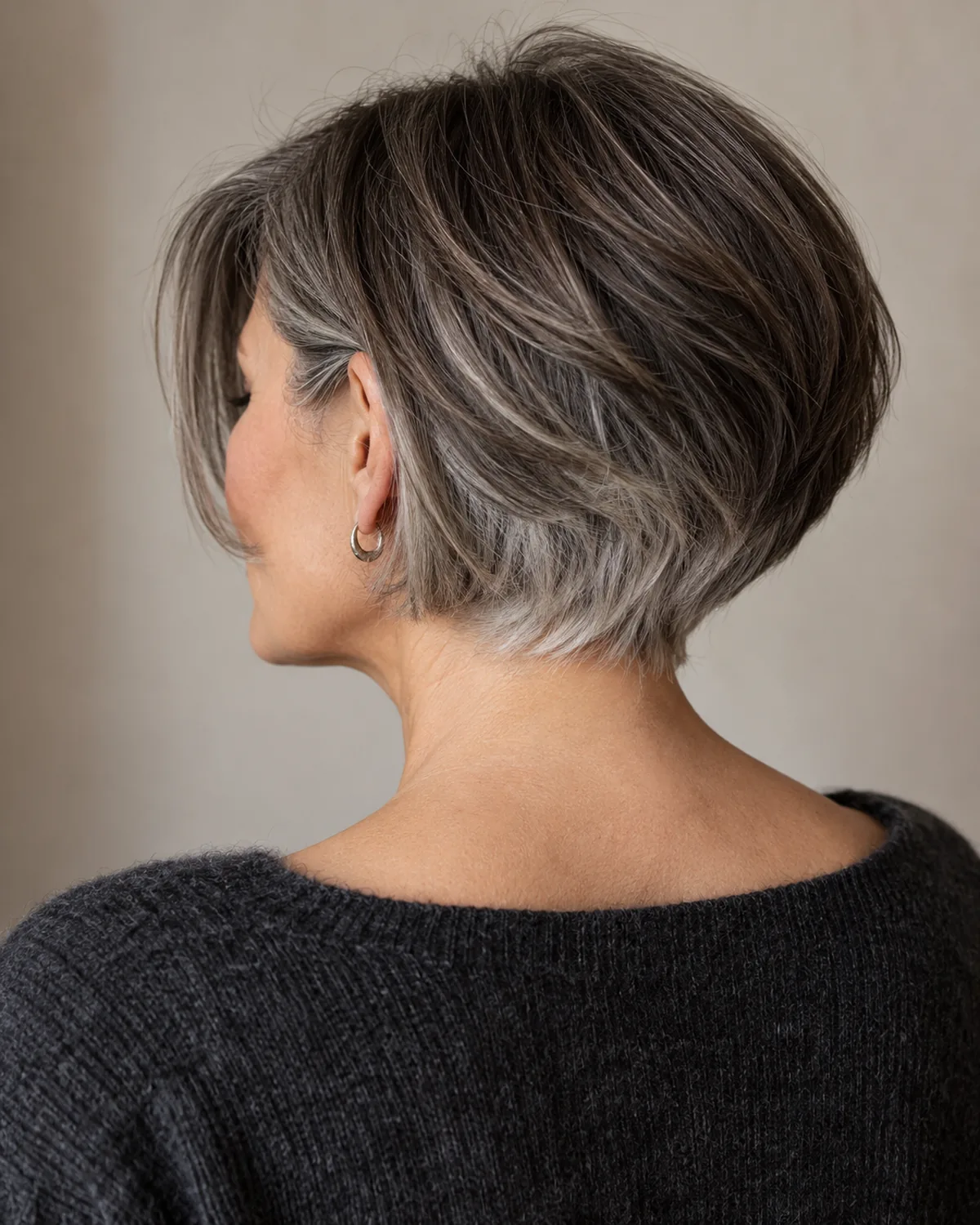 Back view of mature woman with graduated bob, shorter at the nape showing silver strands, longer toward the front where dark hair dominates