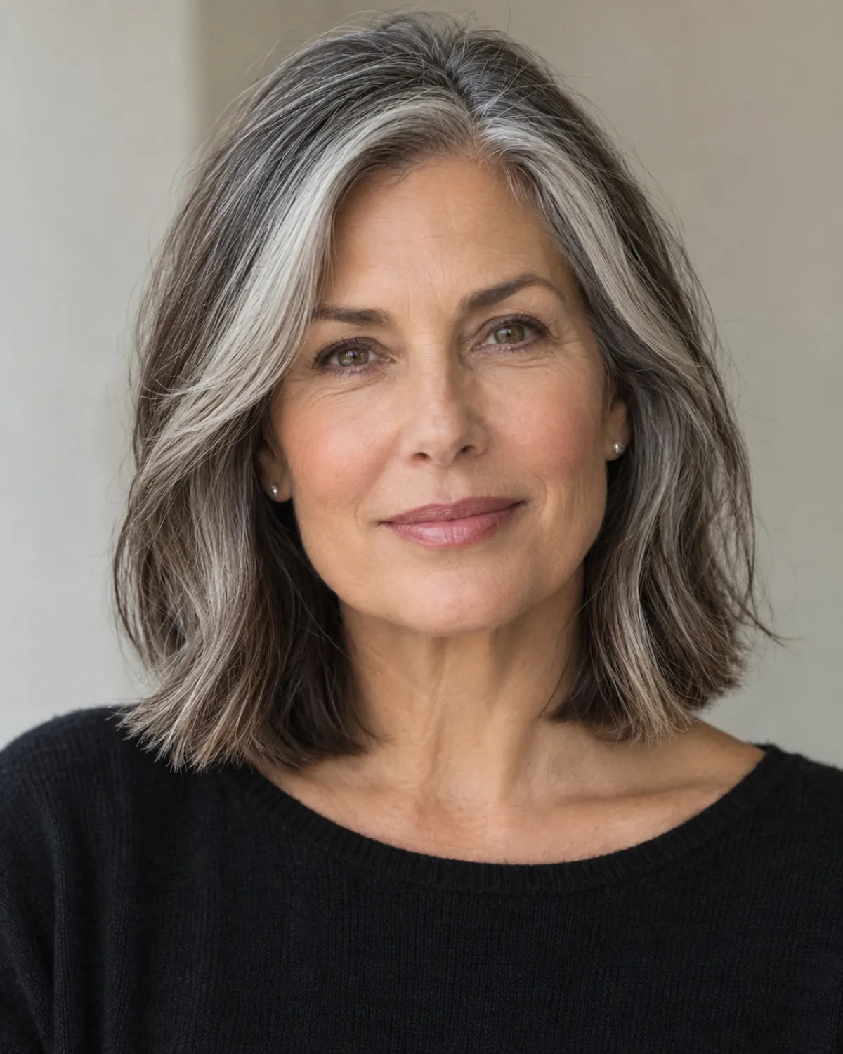 Front-facing mature woman with collarbone-length lob, silver-gray wings sweeping from both temples and framing the face