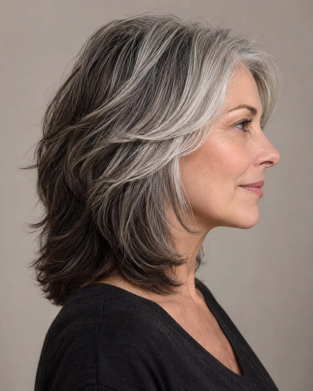 Full right profile of mature woman with shoulder-length layered hair, shorter silver sections sitting visibly on top of longer dark lengths