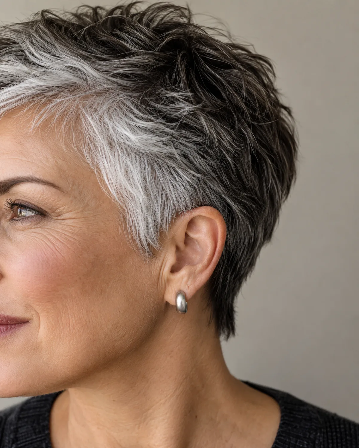 Three-quarter profile from camera left of mature woman with textured crop, heavy silver concentrated at the temple against a darker crown