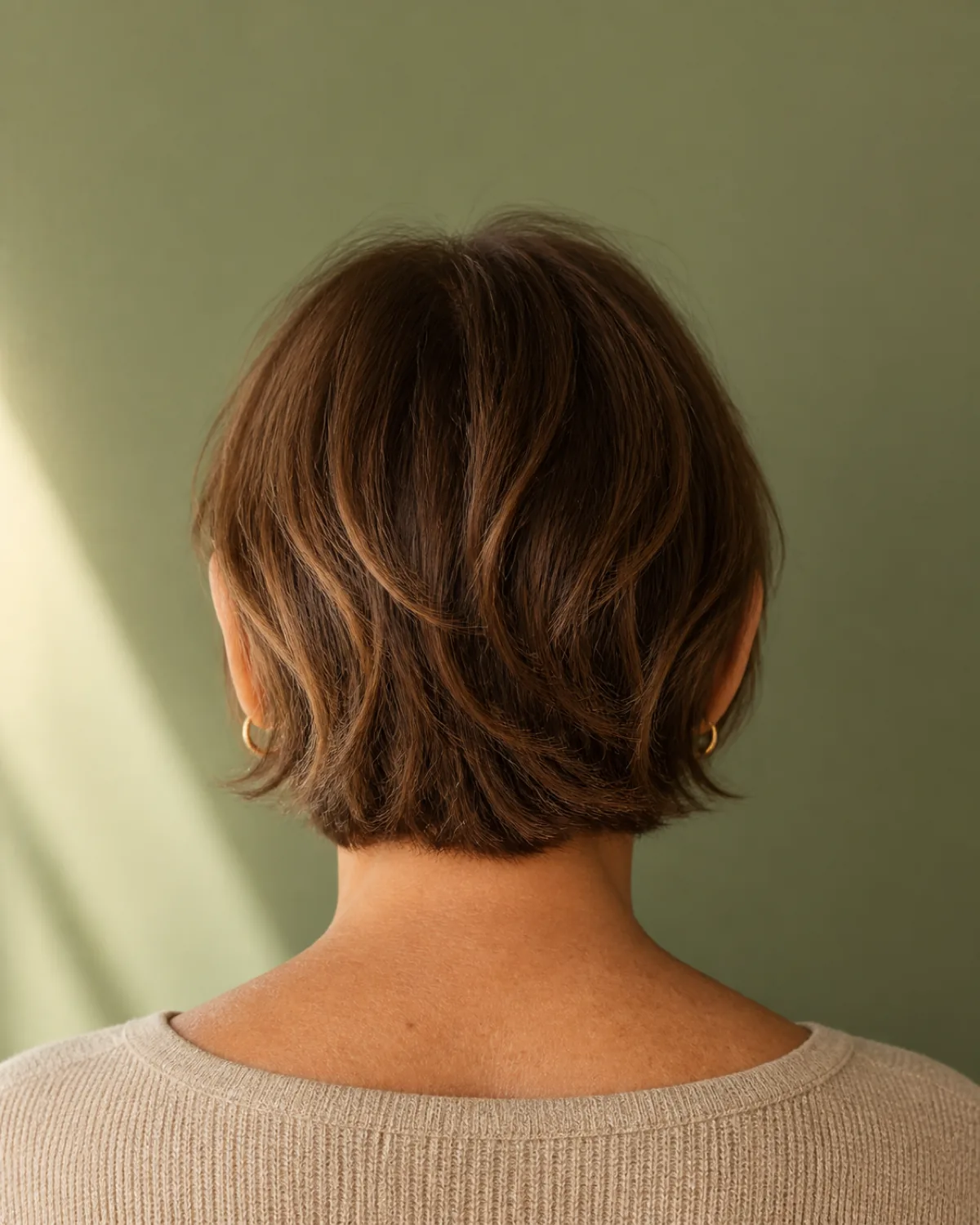 A woman in her late 50s with fine warm-brown hair in a chin-length shag bob, rear view showing shaggy interior layers and hemline at the jaw, sage-green wall
