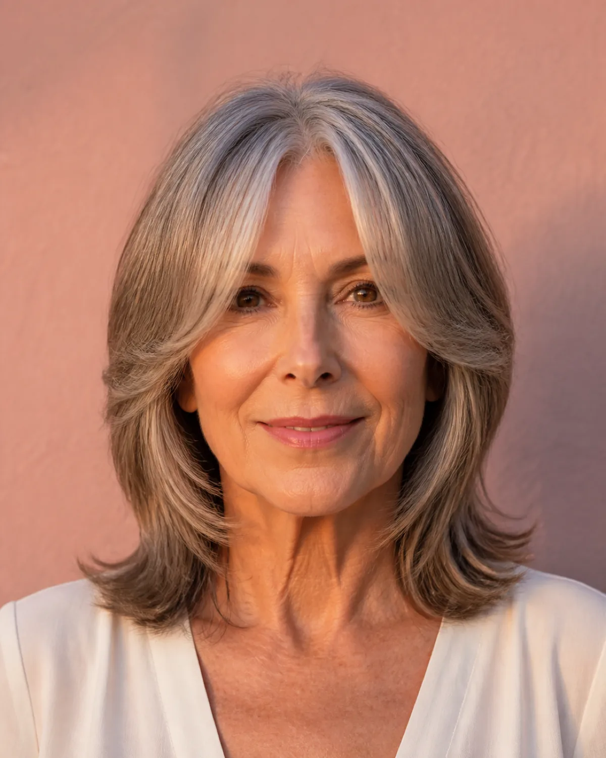 A woman in her early 60s with fine salt-and-pepper hair in a collar-length shag with curtain bangs parting from the center, layers cascading to the collarbone, blush-pink wall