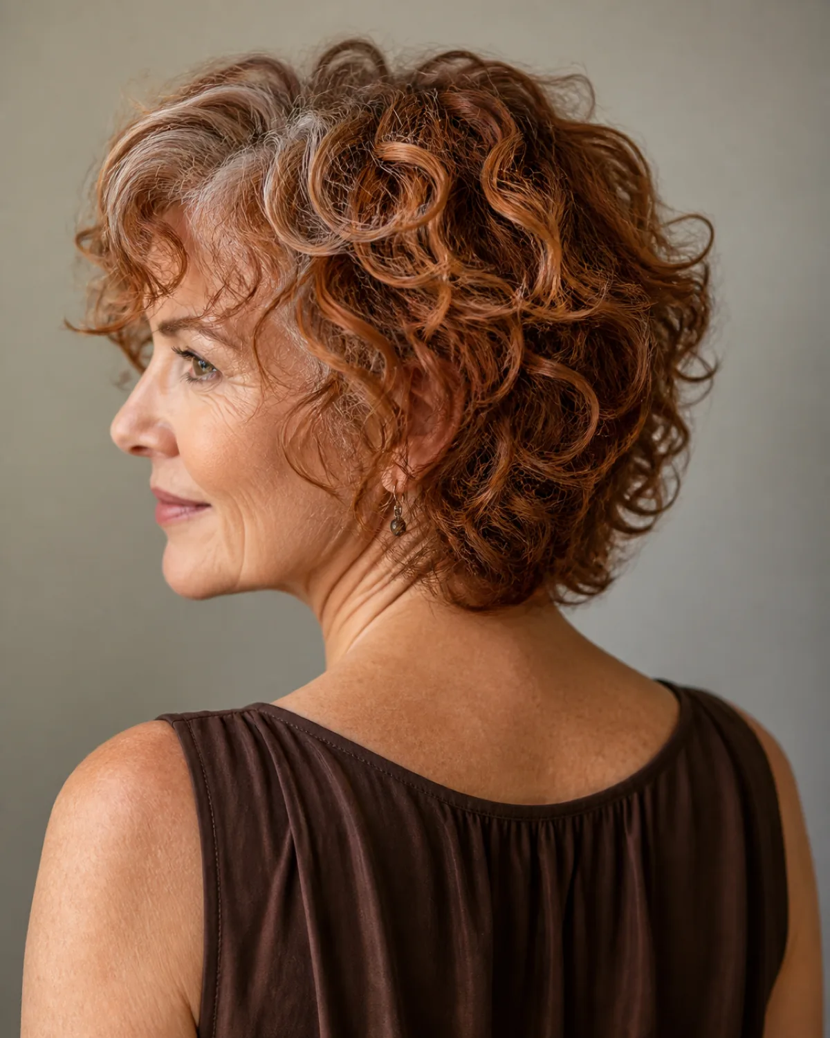 A woman in her early 60s with fine naturally curly silver-streaked auburn hair in a curly shag, back-three-quarter view showing curl pattern filling space between layers, warm-grey wall