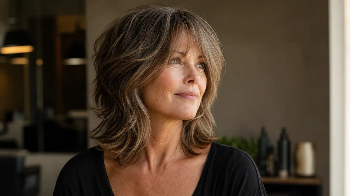 A woman in her late 50s with fine silver-threaded light-brown hair in a layered shag haircut, three-quarter turn to the left in a salon setting, warm window light against a taupe wall