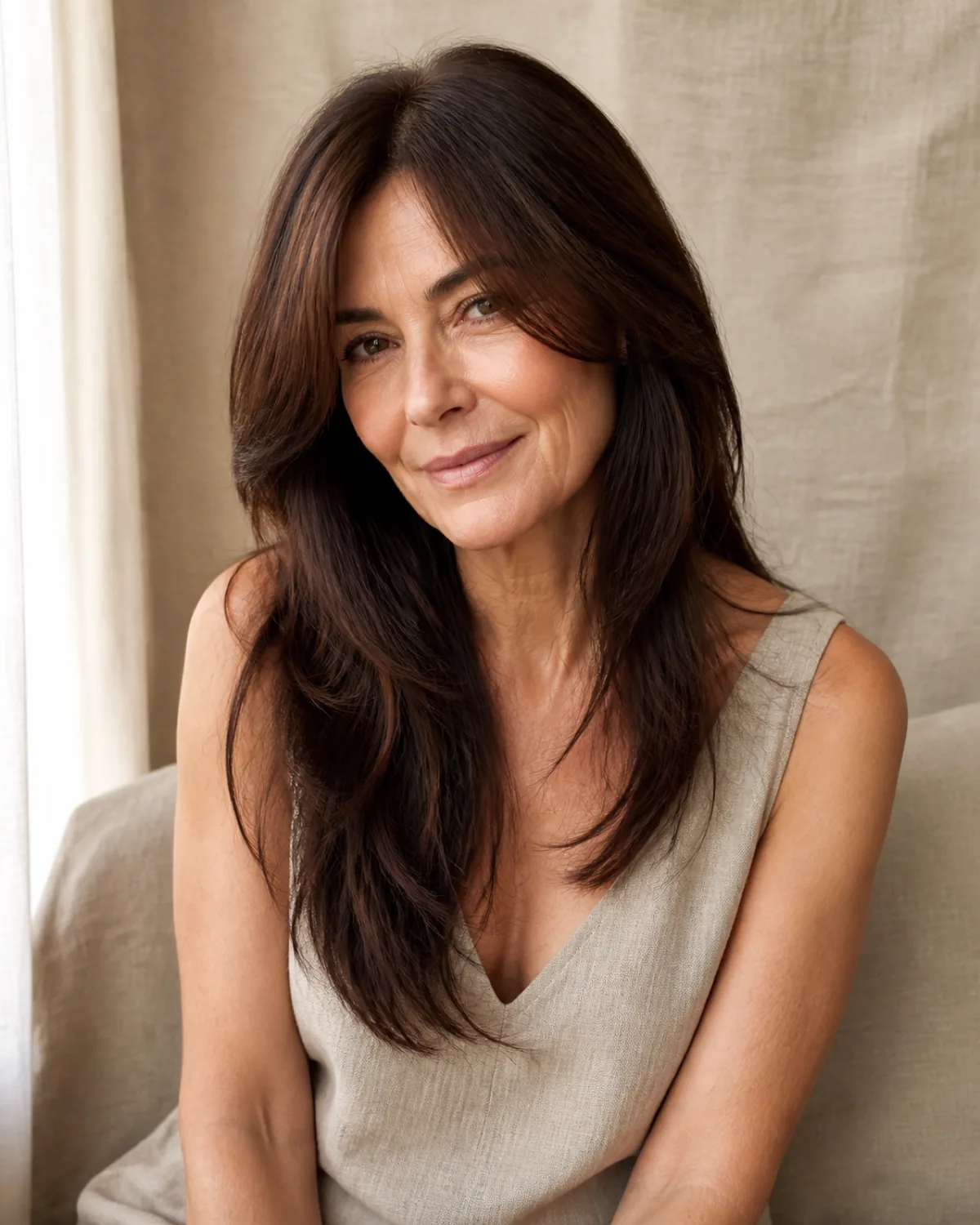 A woman in her late 50s with fine dark-brown hair in a long shag falling below the shoulders, seated with hair over one shoulder showing face-framing layers, oatmeal linen background