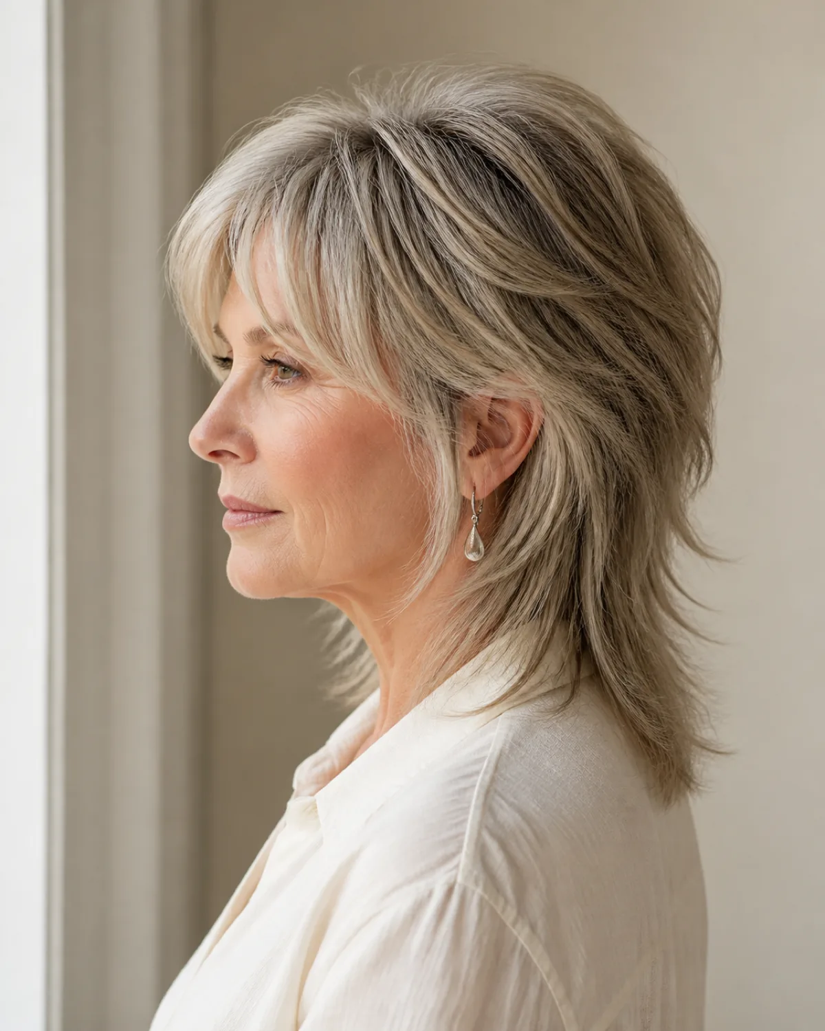 A woman in her early 60s with fine ash-blonde hair in a modern wolf cut shag, full side profile showing heavy crown layers and longer disconnected back, soft daylight against a cream wall