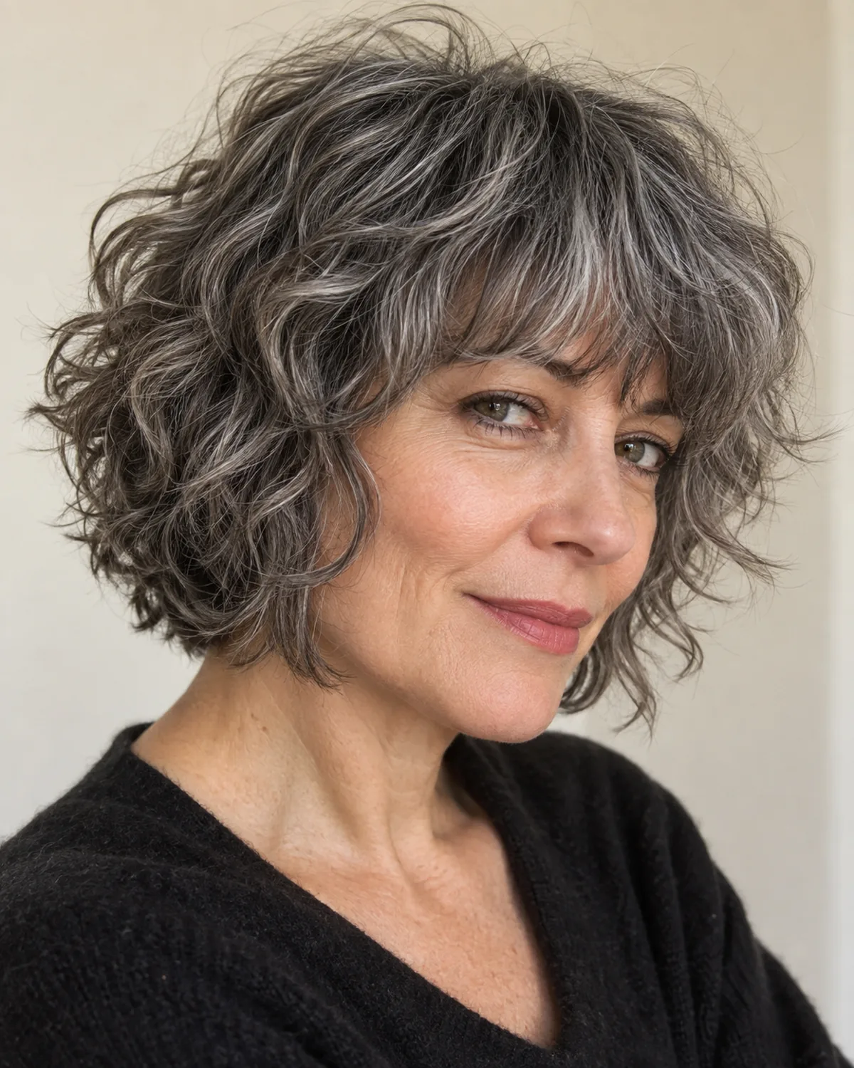 Three-quarter view of mature woman with chin-length curly shag, disconnected layers and silver streaks