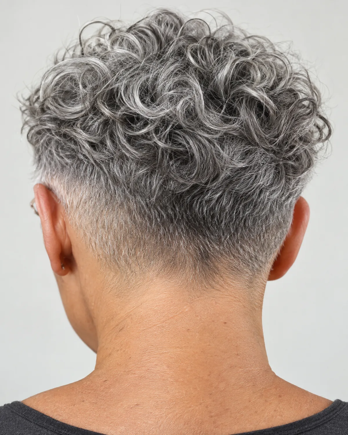 Back of head showing cropped curly gray hair with soft fade at temples and nape