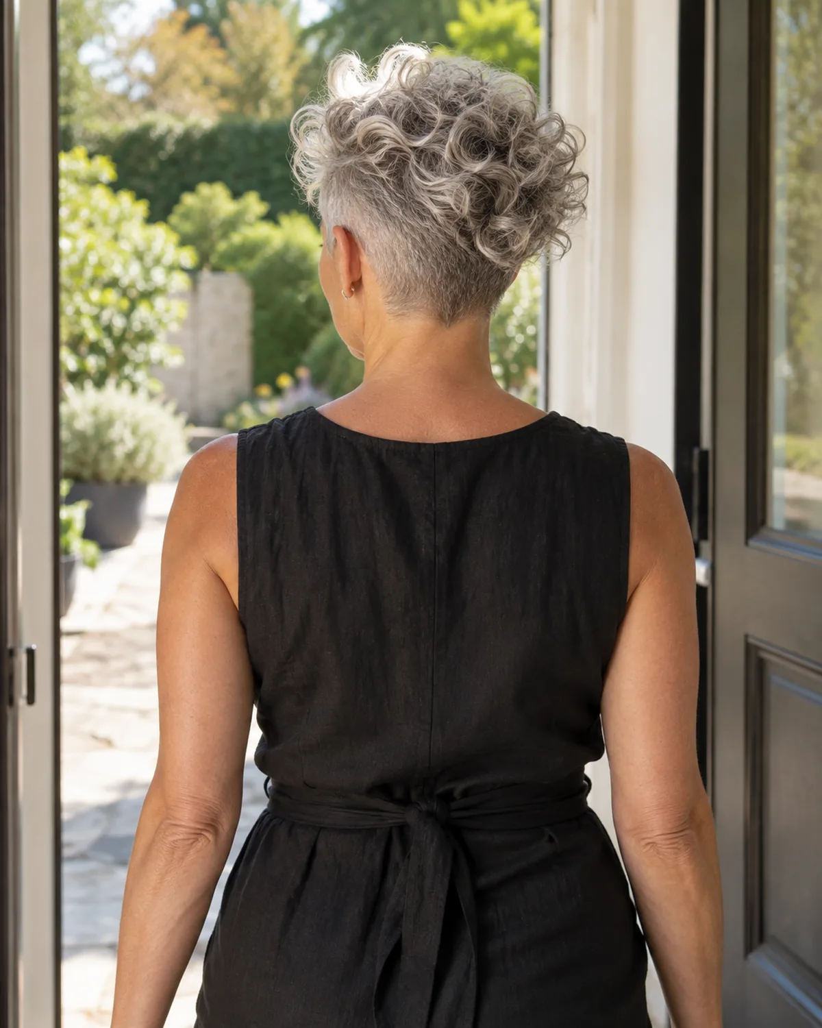 Woman walking away through doorway, silver curly undercut with buzzed sides and curly top visible from behind