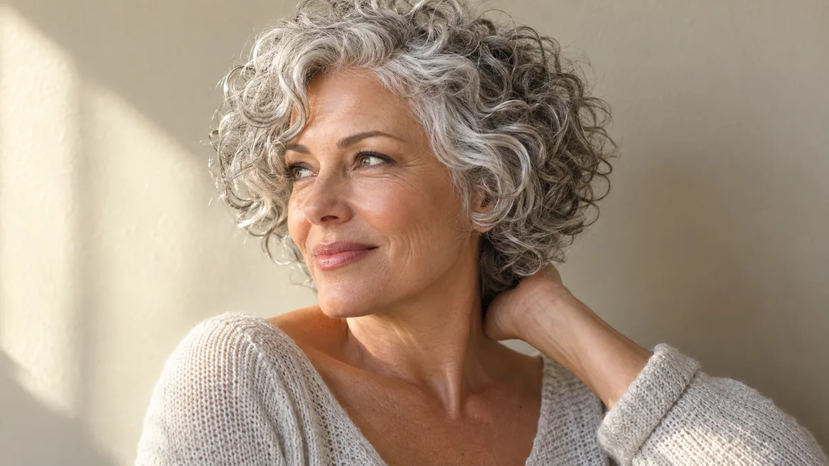 Mature woman with silver curly pixie-bob, three-quarter profile in warm natural light against off-white wall