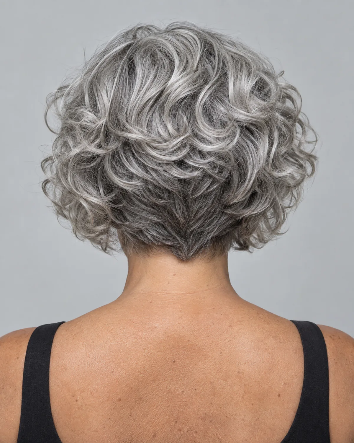 Back view of mature woman with graduated silver curly bob showing stacked nape layers