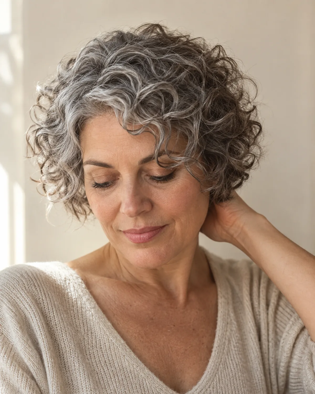 Front-facing mature woman with eyes downcast, ear-length curly gray pixie-bob with rounded shape