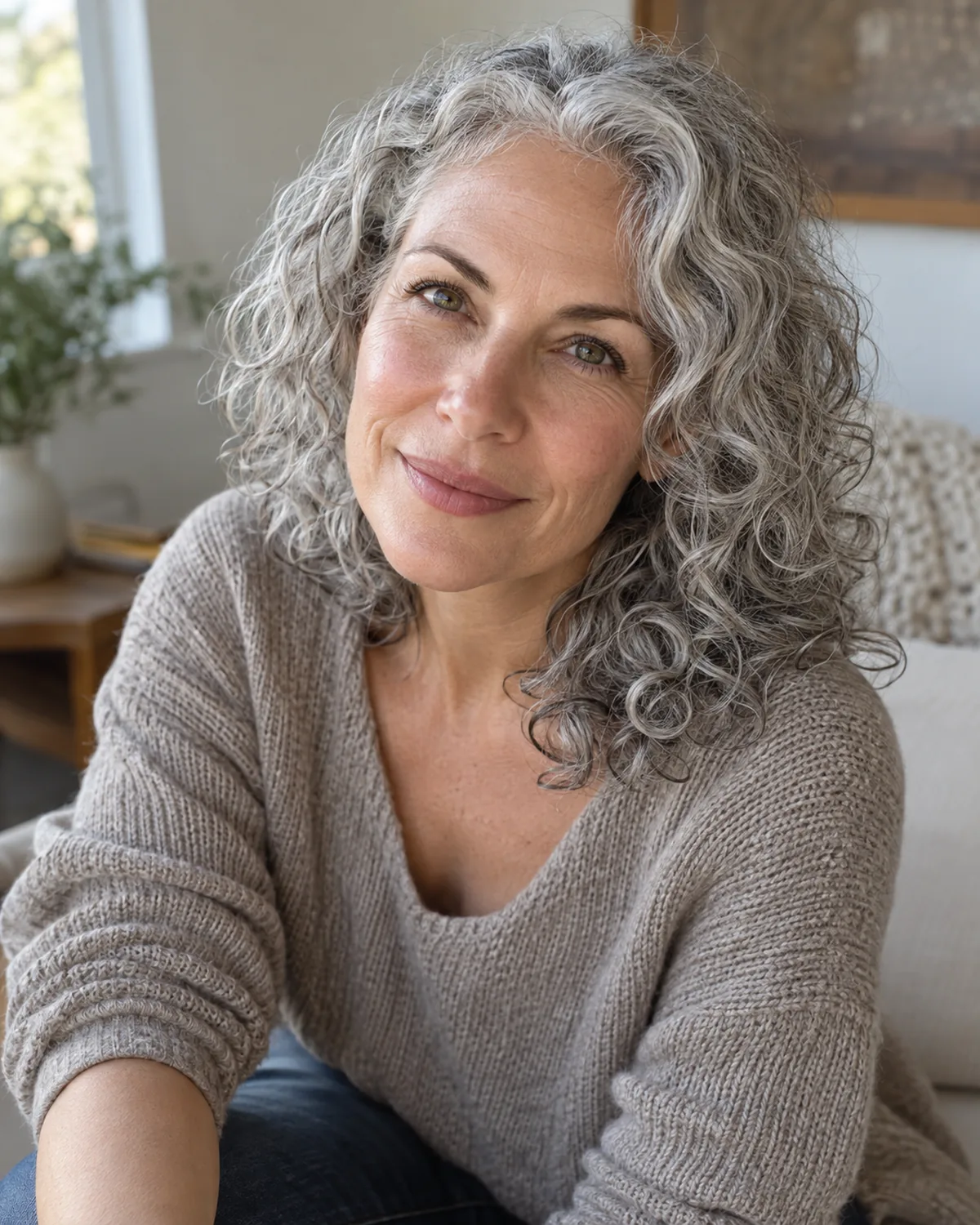 Seated mature woman with silver curly lob, layers visible on hair draping over shoulder