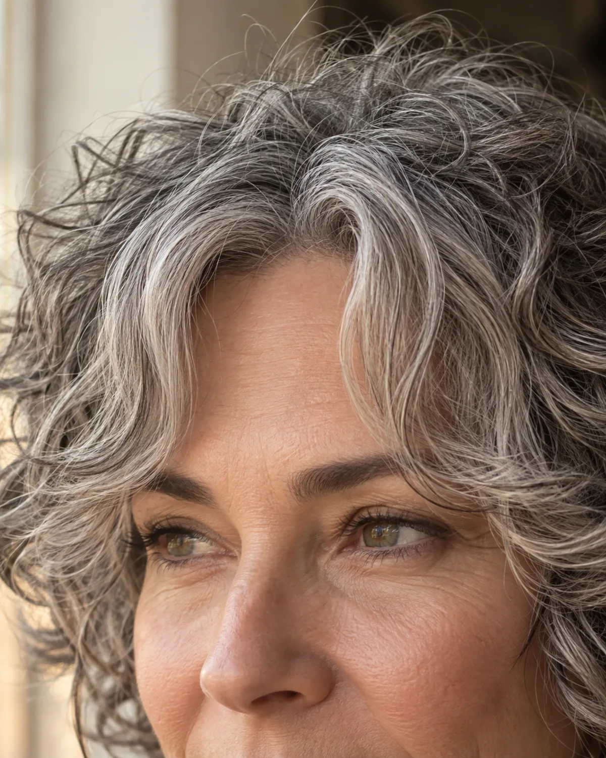 Close-up of curtain bangs on curly gray hair framing the forehead