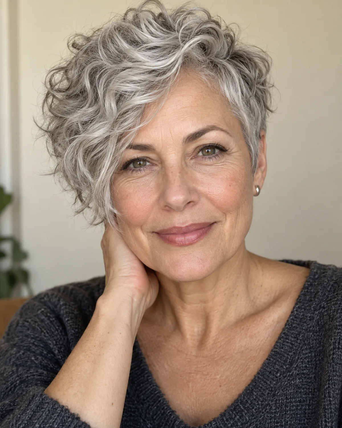 Front-facing mature woman with asymmetric silver curly pixie, curls swept across forehead