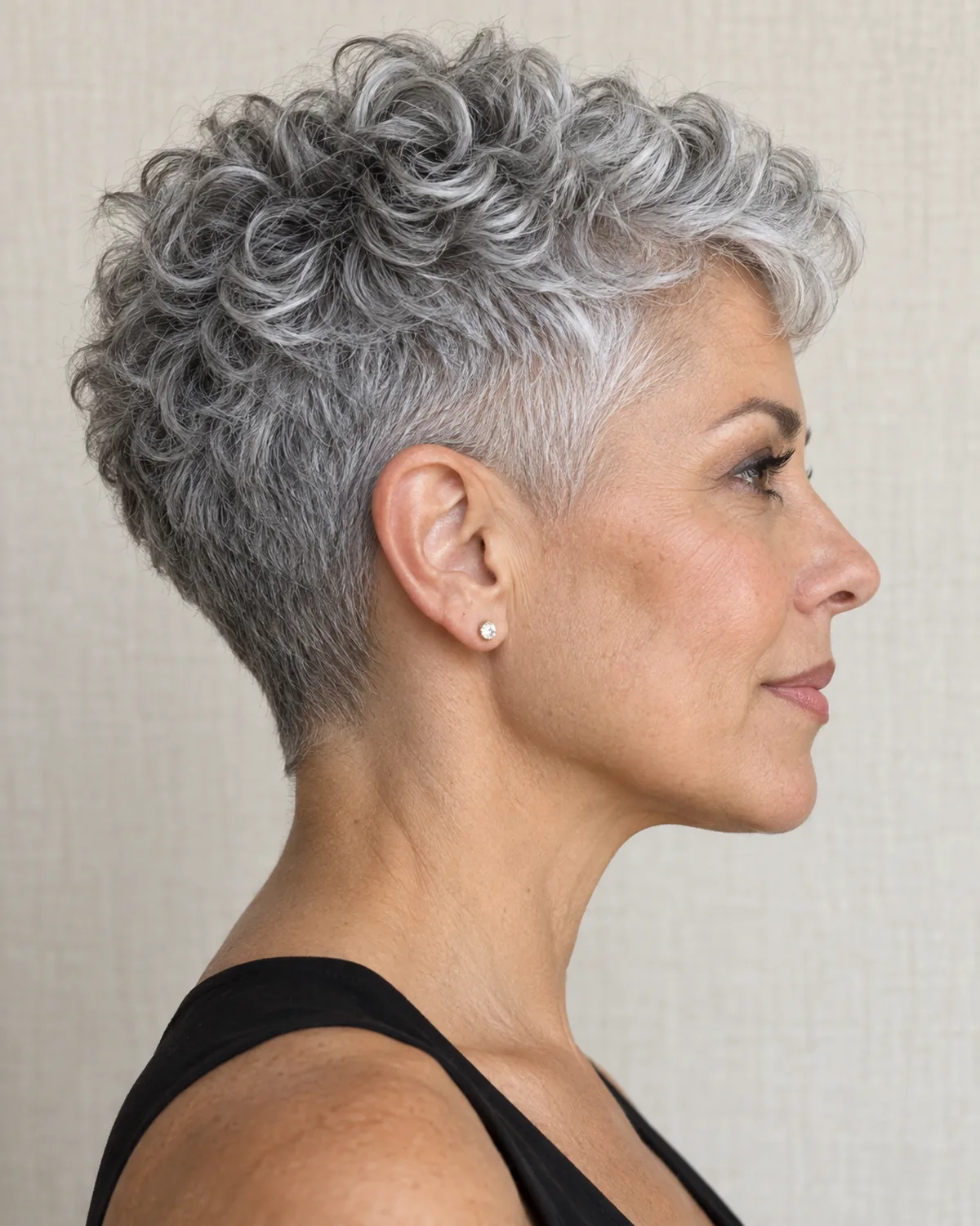 Side profile of mature woman with tapered silver curly pixie, close-cut sides transitioning to curly crown
