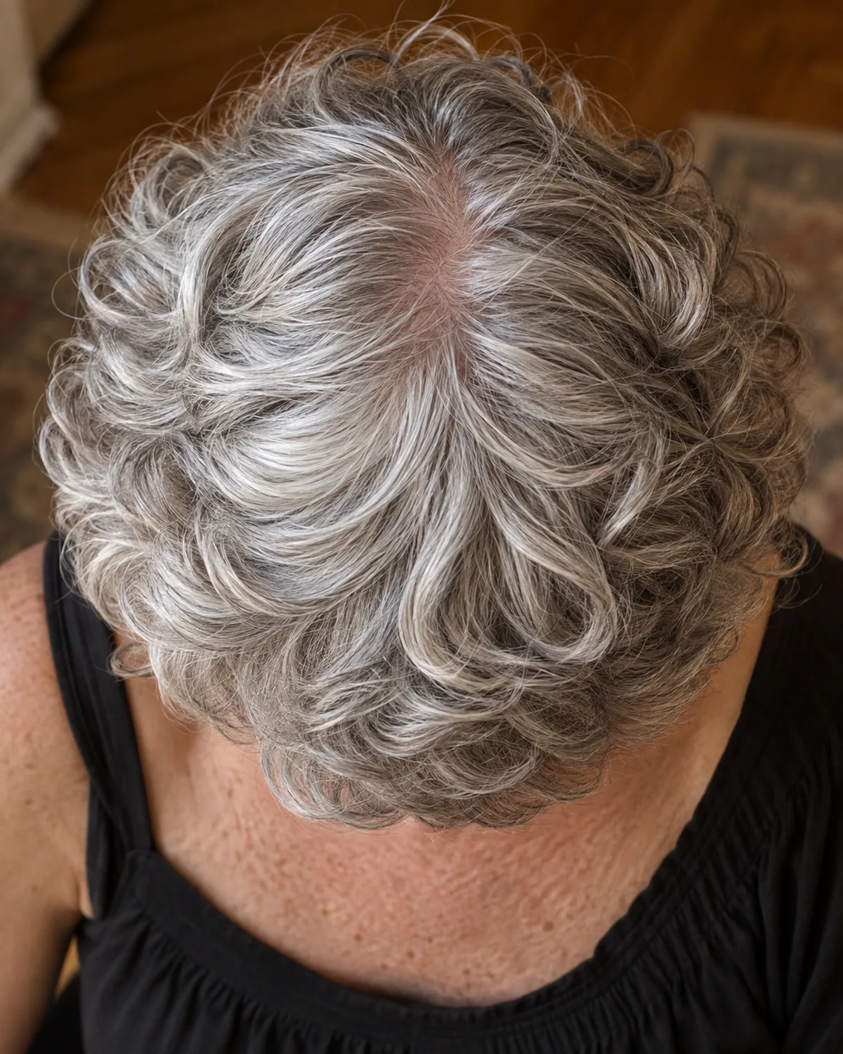 Top-down view of mature woman with silver curly wedge cut, fan shape visible from above