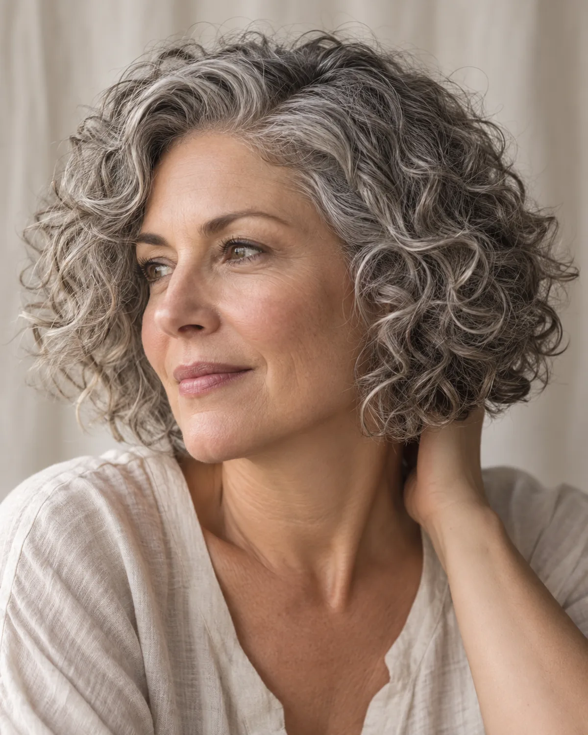 Three-quarter view of mature woman with voluminous curly gray bob and side part