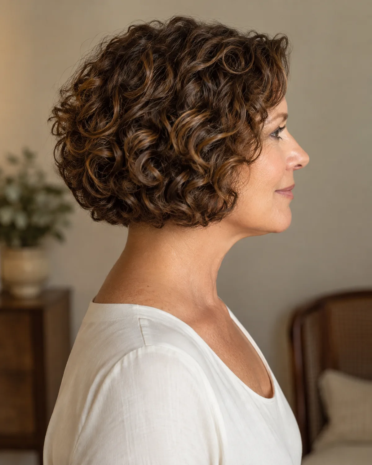 Side profile of mature woman with medium-diameter curls in a short bob ending at the jawline, curls stacking in a solid silhouette