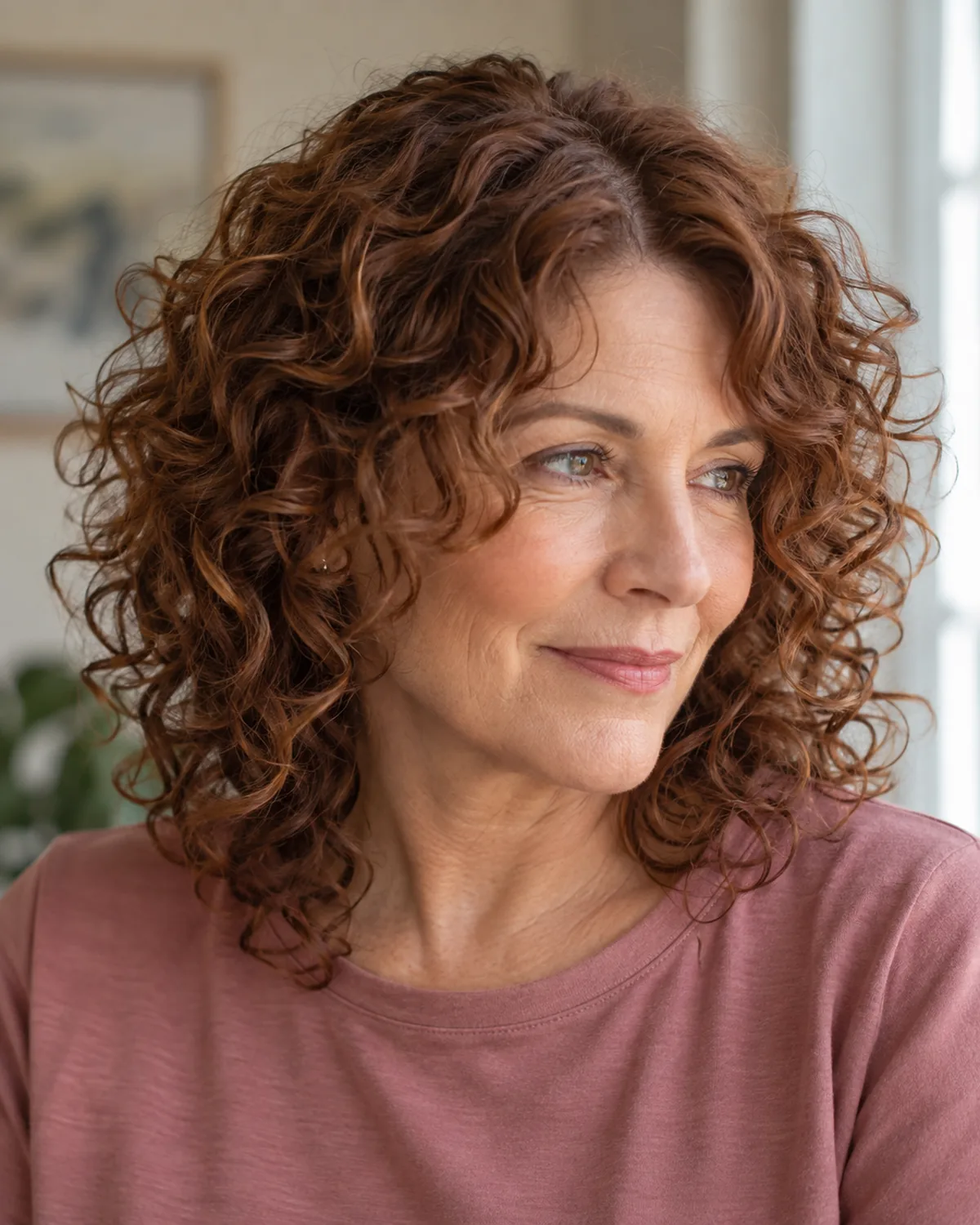 Three-quarter view of mature woman with auburn disconnected curly shag, centre part visible, each curl at a different length
