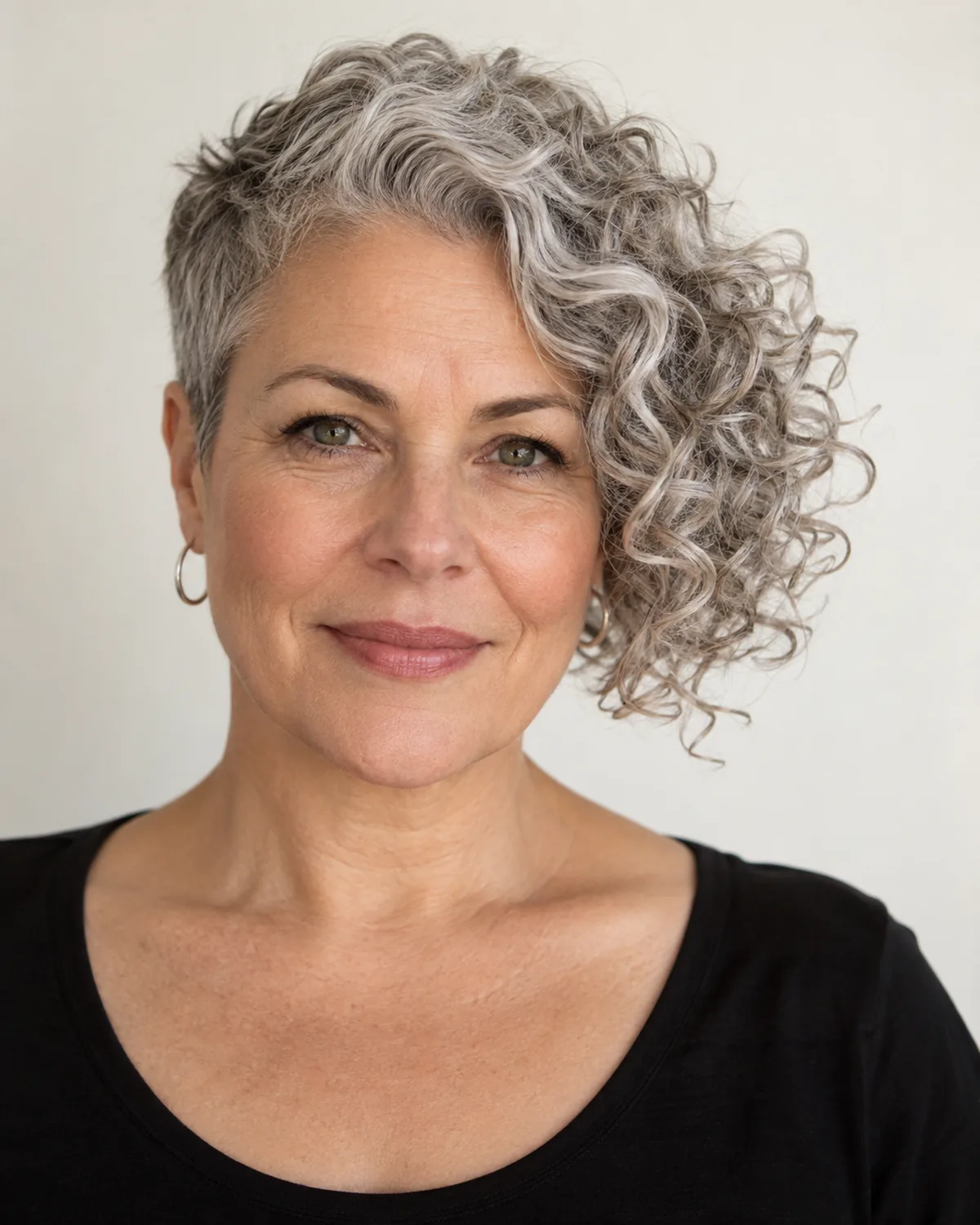 Front-facing mature woman with silver-grey asymmetric curly crop, left side cropped close, right side with full curls