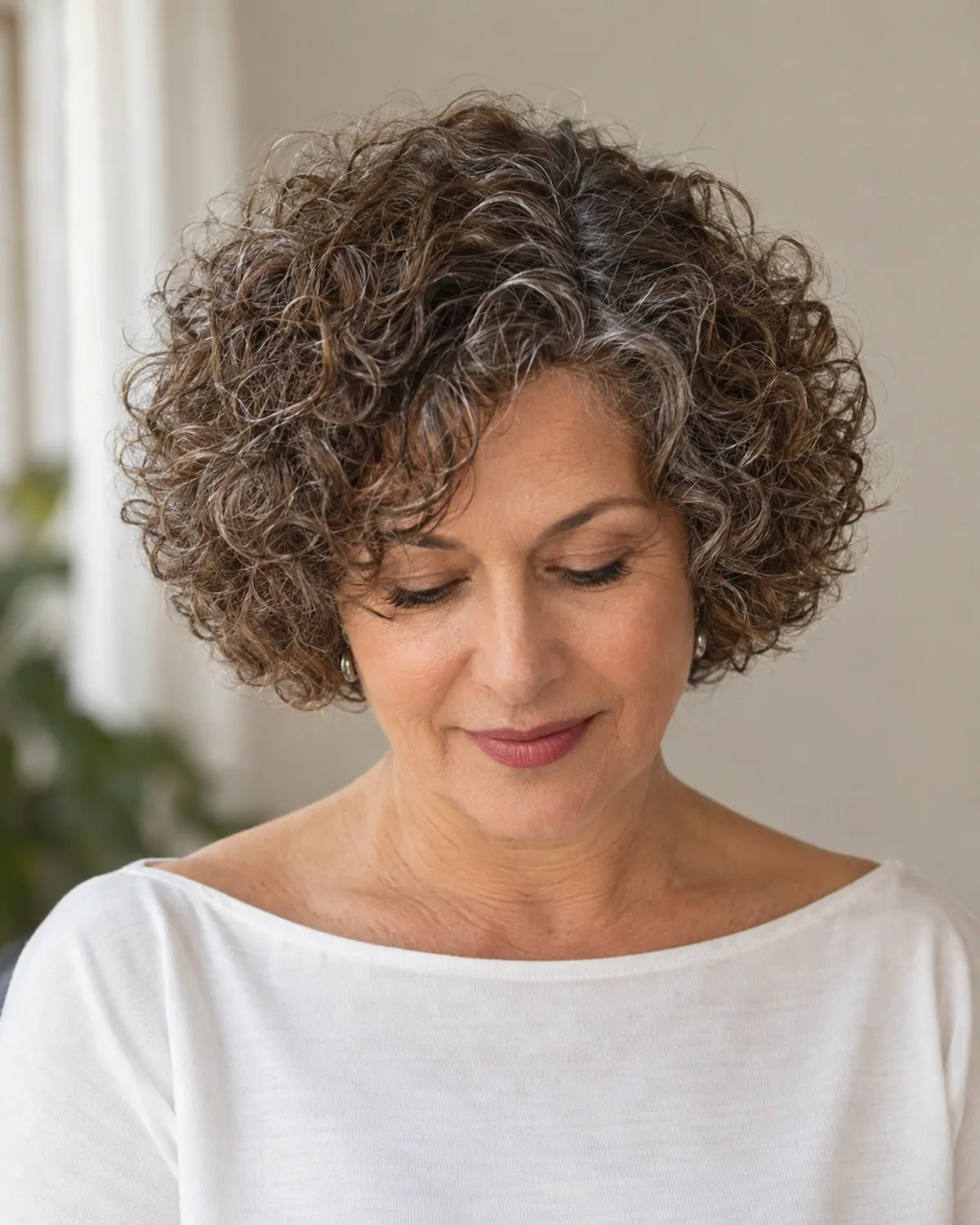 Front-facing mature woman with eyes downcast, medium brown curly round cut at uniform length following the head shape, smooth round silhouette