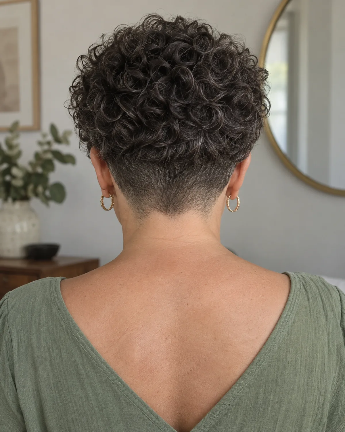 Rear view of mature woman with dense dark curls, nape cropped close below the occipital bone, full curls above