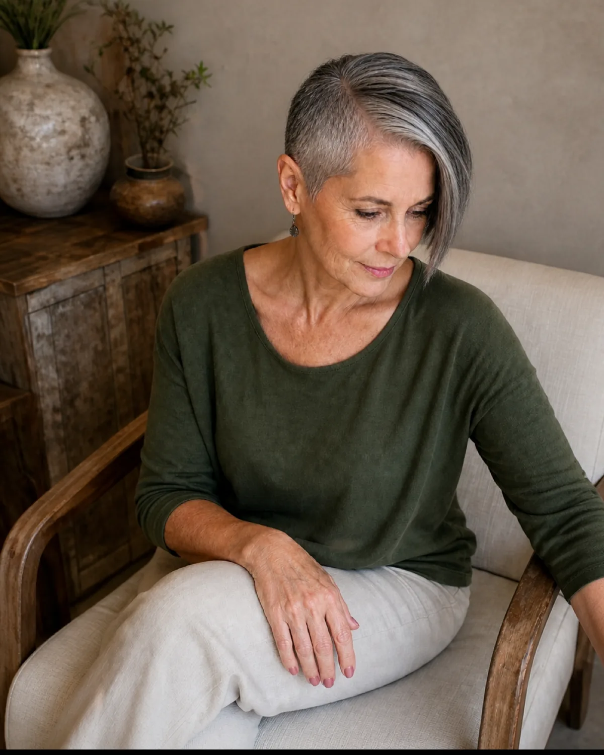 A woman in her early 60s seated, shot from above, with an asymmetric pixie on salt-and-pepper hair, longer side falling forward showing the grey-dark blend, moss-green top, wooden chair arm visible