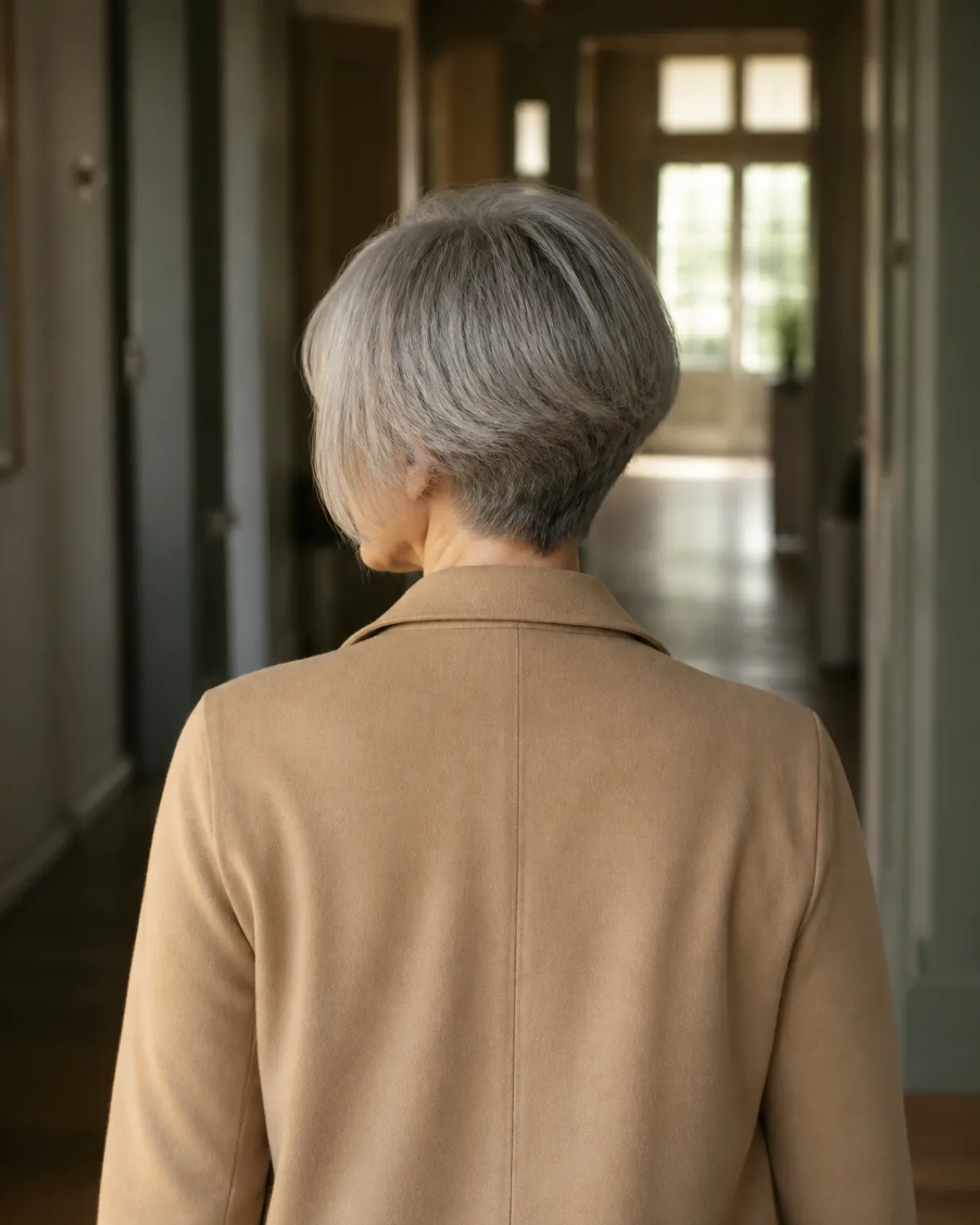 A woman in her early 60s walking away from camera showing a grey pixie bob at in-between length, longer than a pixie at the sides and shorter than a bob at the nape, camel coat, warm-toned hallway with natural light