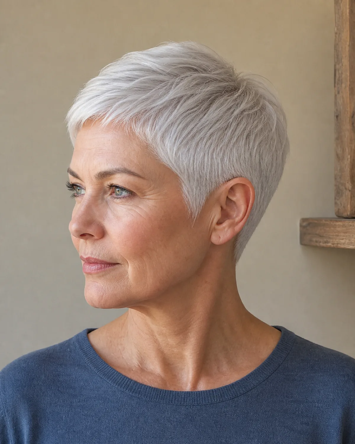 A woman in her late 50s with a clean classic cropped silver pixie, three-quarter turn showing the tapered sides and uniform silver tone from crown to nape, slate-blue top against a warm cream background
