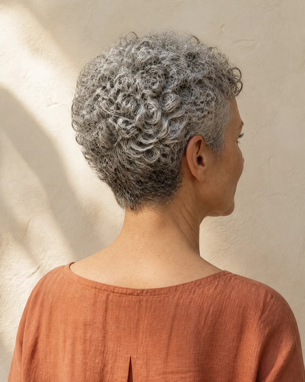 Back-three-quarter view of a woman in her late 50s with a curly grey pixie, defined silver ringlets visible from crown to nape, terracotta linen top, cream plaster wall with afternoon side light