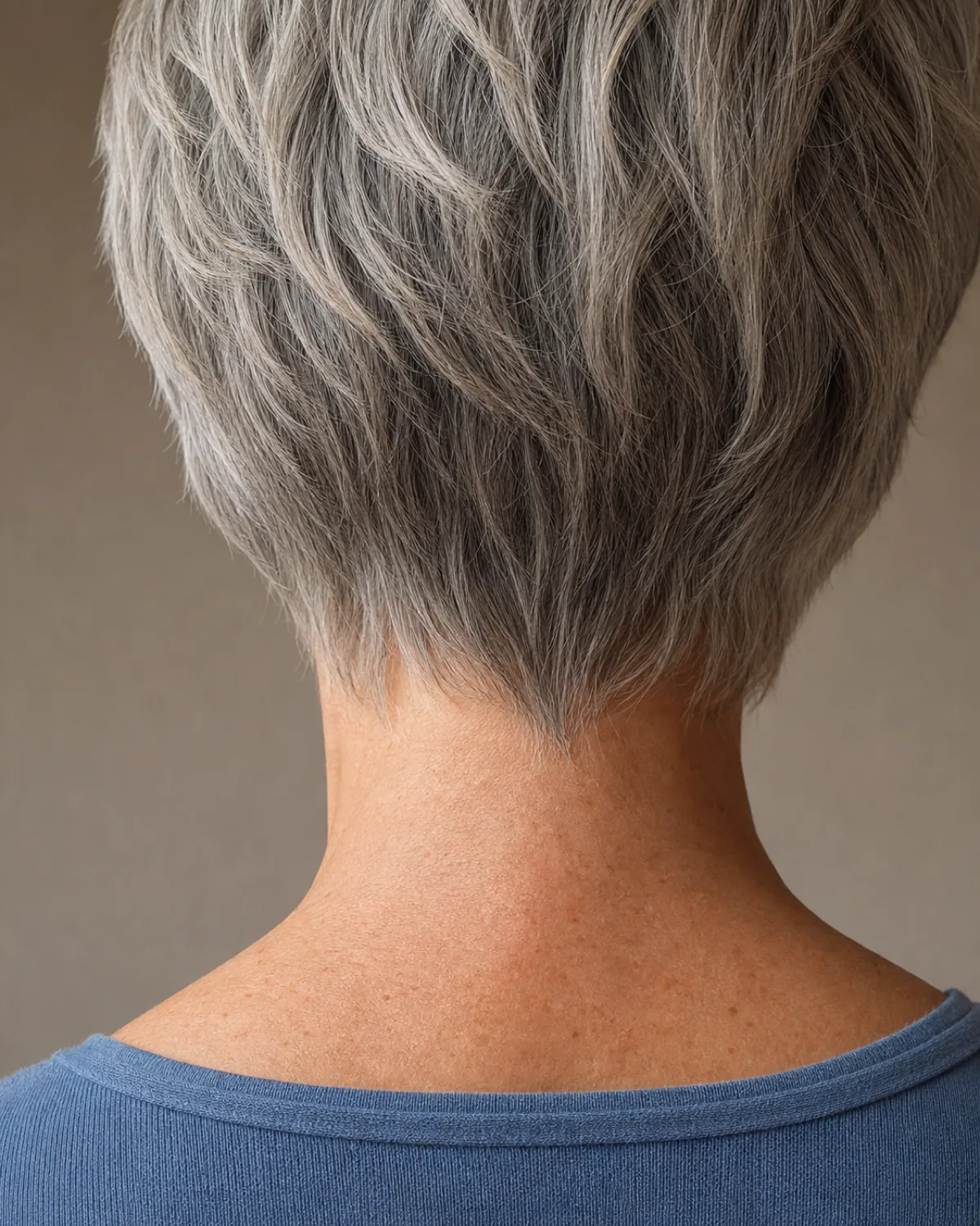Close crop on the nape and hairline of a woman in her late 50s showing feathered wispy pixie ends tapering to fine points, grey hair lying soft against the neck, dusty blue top