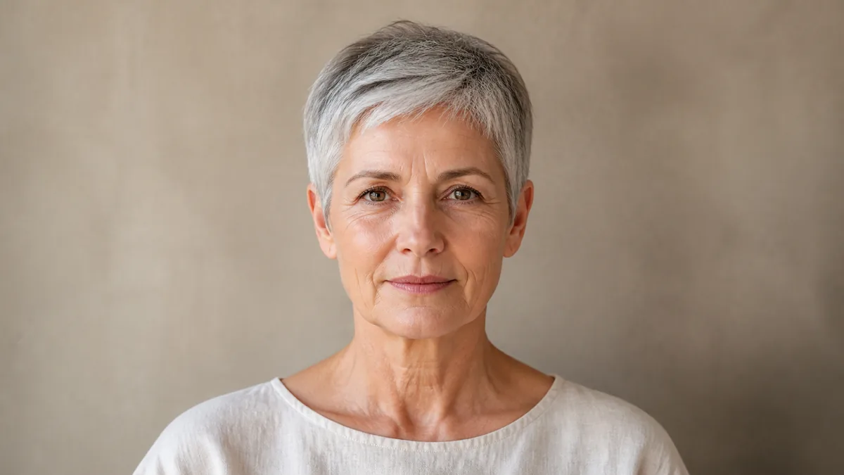 A woman in her late 50s with a classic silver-grey pixie cut, front-facing with soft focus on features and hair in sharp focus, warm taupe wall behind her