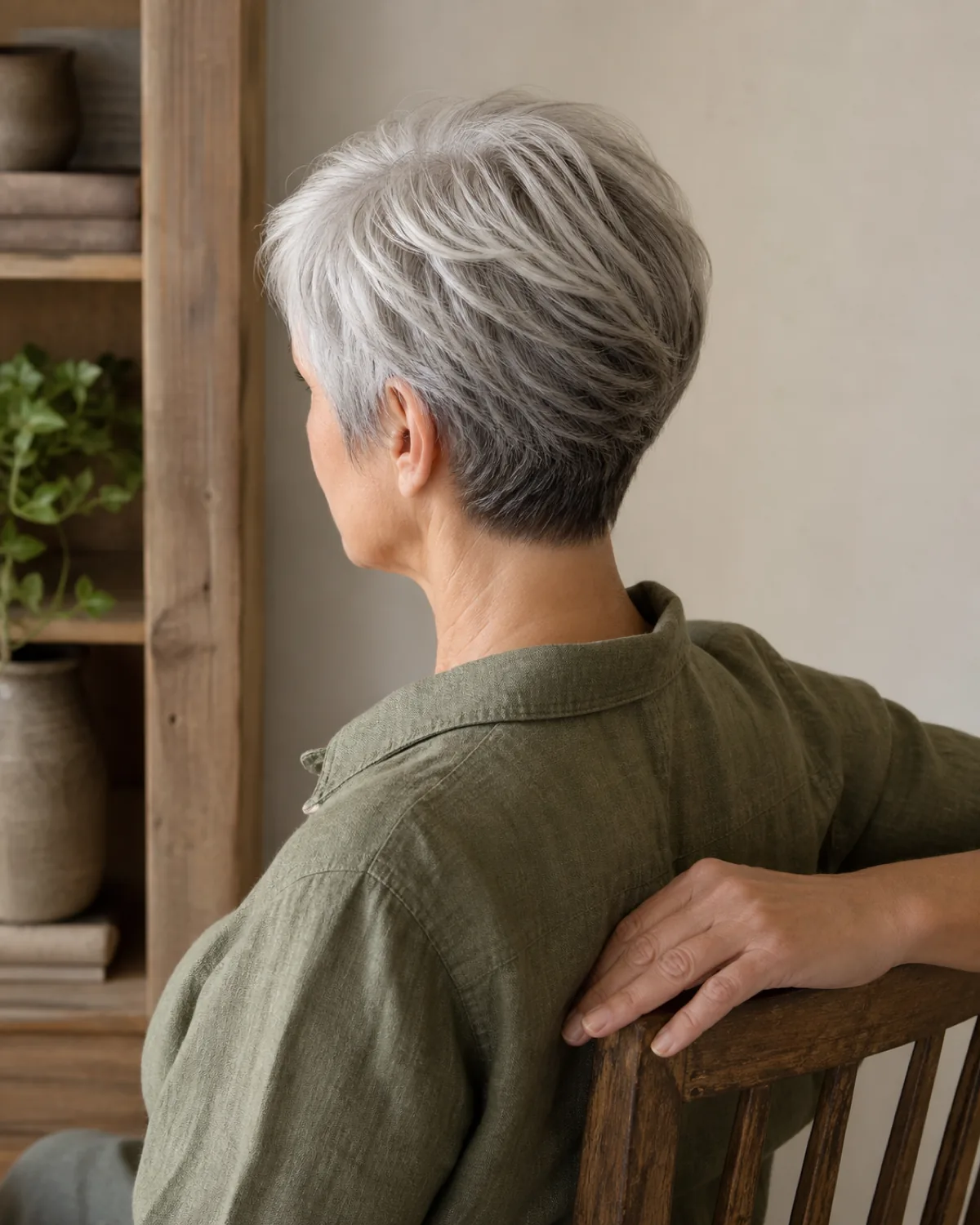 A woman in her late 50s seated three-quarter turn with face away, showing a layered pixie with two distinct grey tones visible, bright silver at the crown and darker steel grey at the nape, olive linen shirt, warm bookshelf background