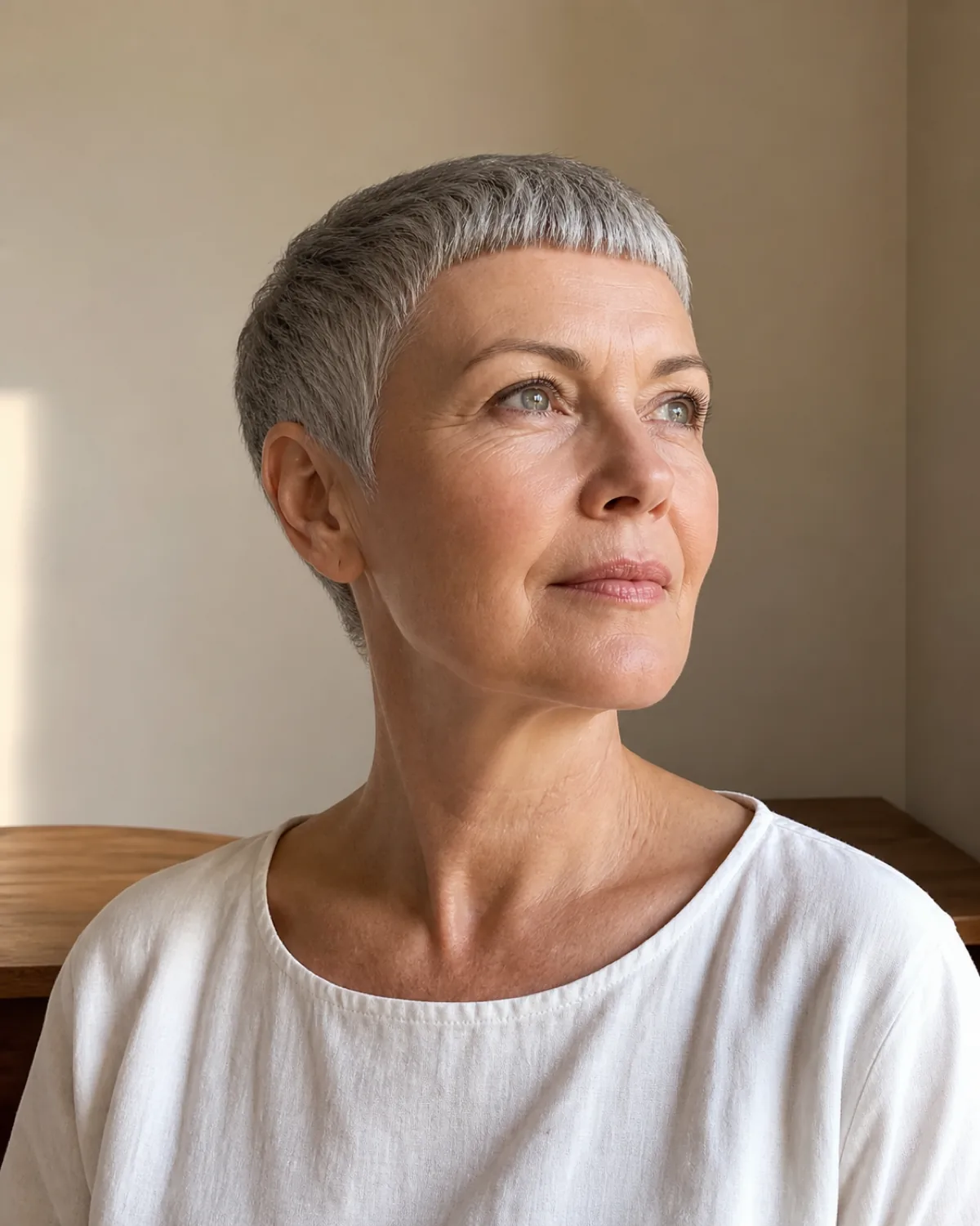 A woman in her early 60s seated with a grey pixie and micro bangs, three-quarter right view with chin lifted, short dense fringe cut straight across well above the eyebrows, white cotton top, warm interior light