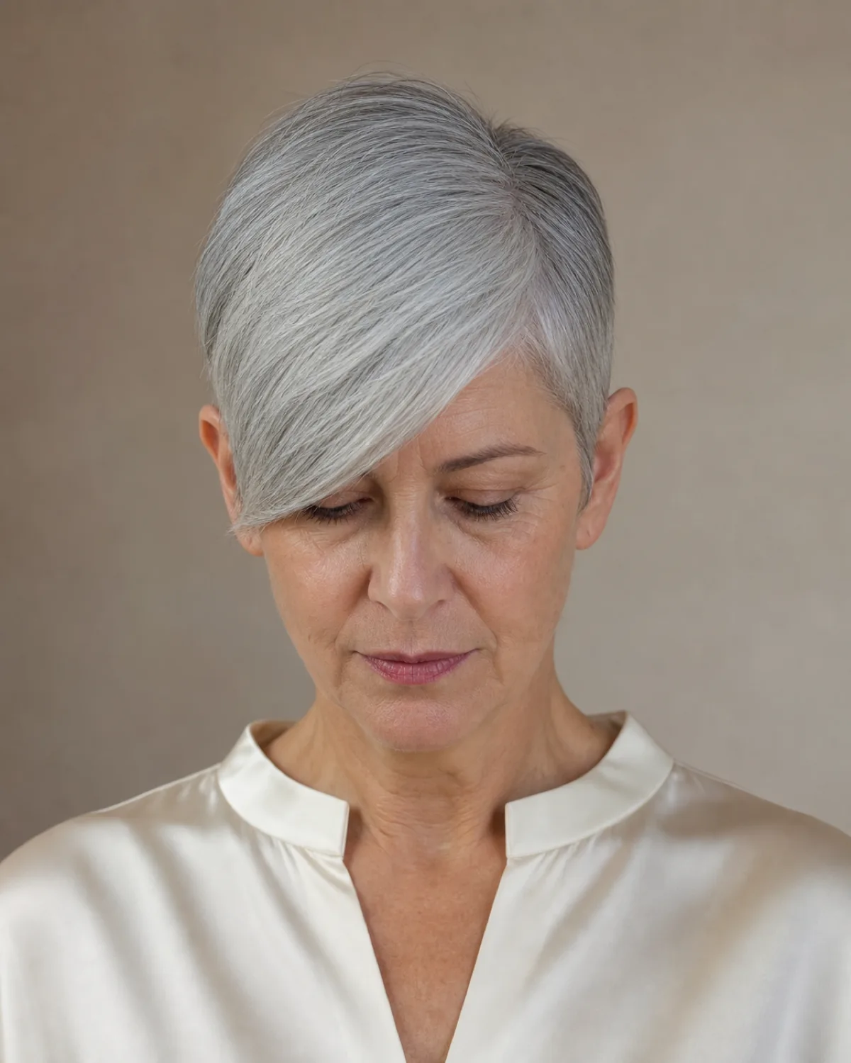 A woman in her early 60s with a silver pixie and long side-swept fringe, front-facing with eyes downcast showing the fringe sweeping across the forehead, ivory silk blouse